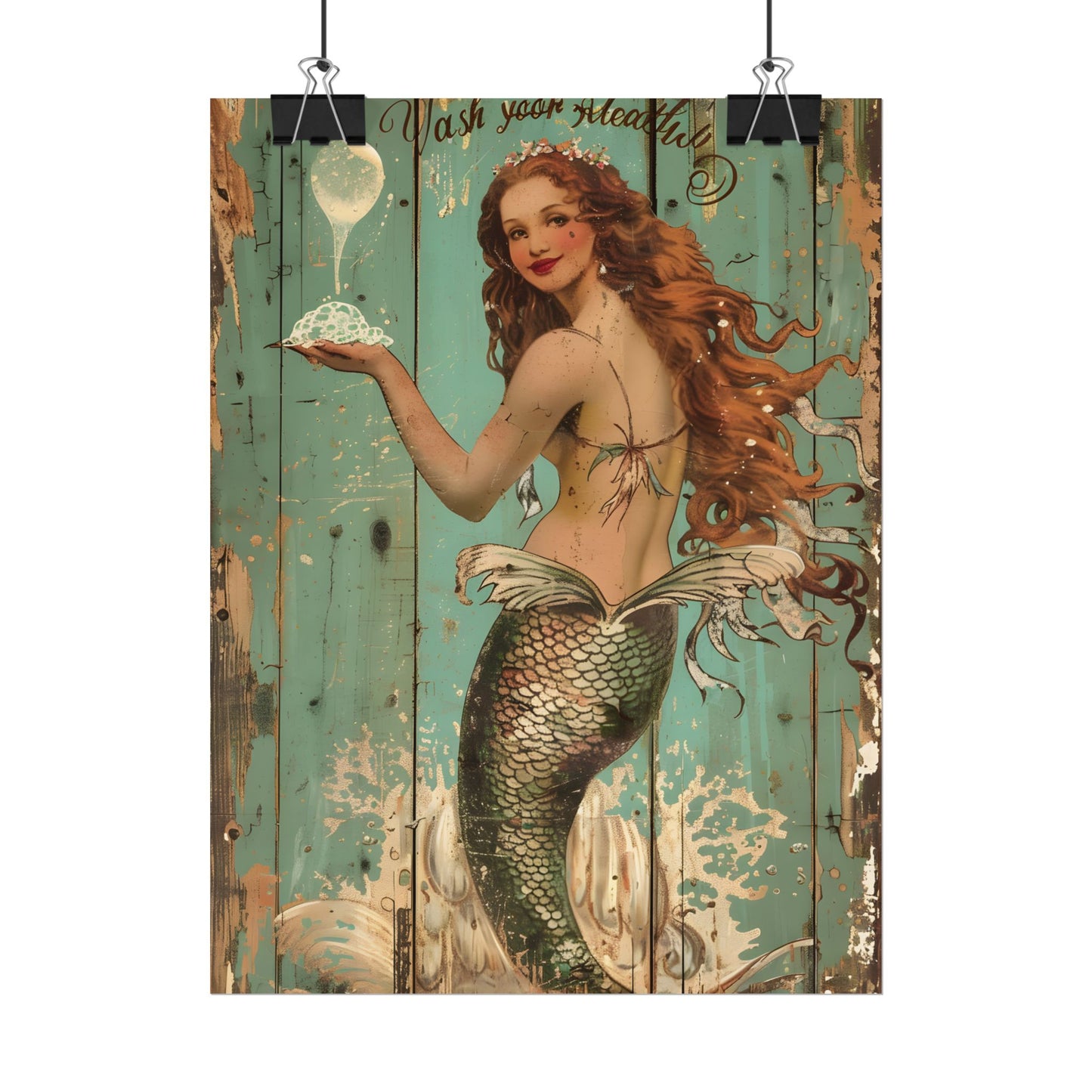Whimsical Vintage Mermaid: A Soap Bubble Serenade - Poster