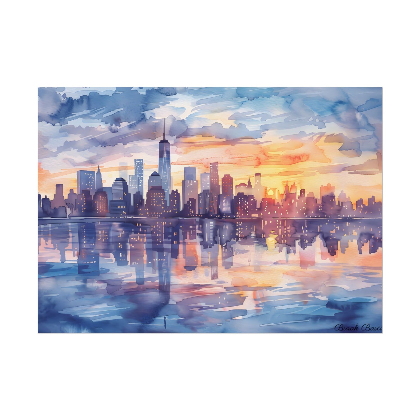 Watercolor New York City Sunset Skyline: Artistic NYC View - Poster