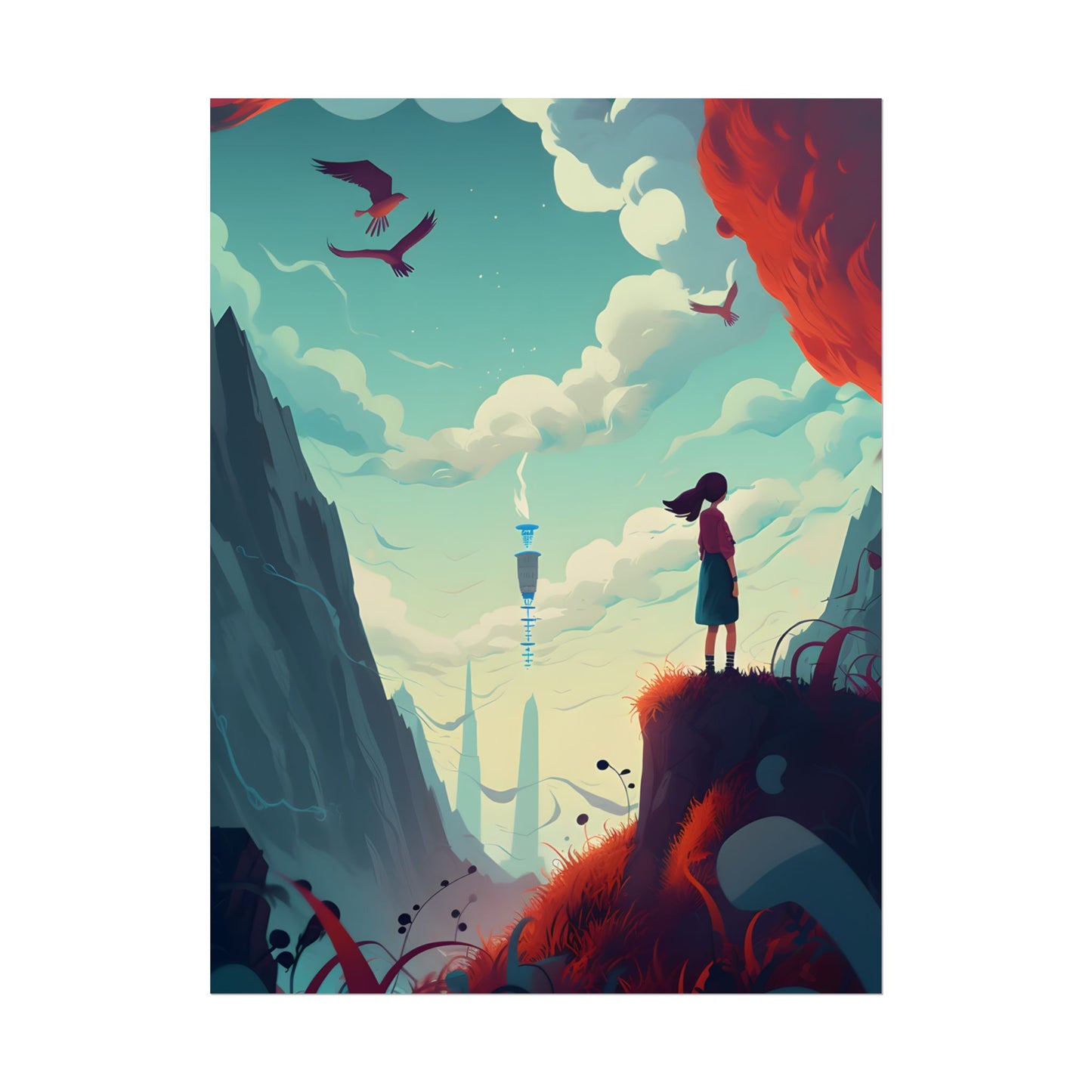 Cloudy Meadow: Boy and Girl in Serene Nature Scene - Poster