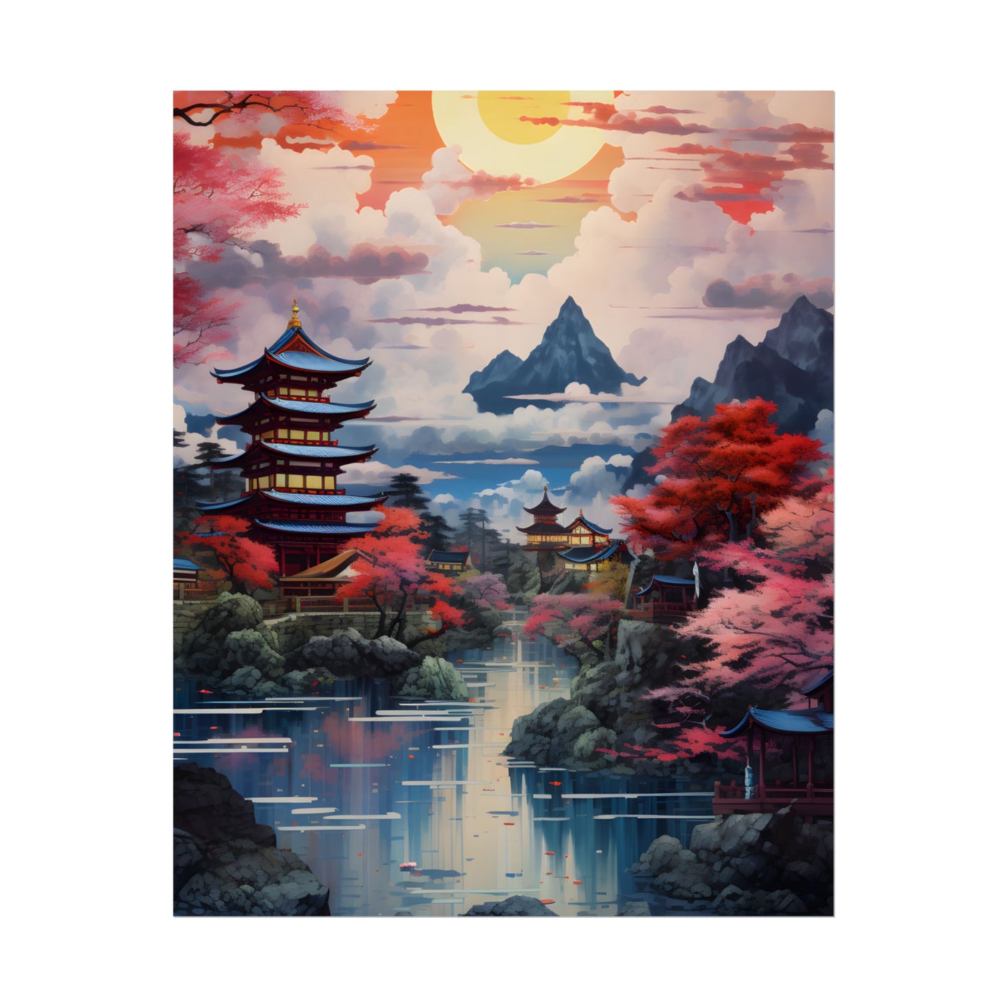 Wonderful Japanese River Scene with Serene Flowers - Poster