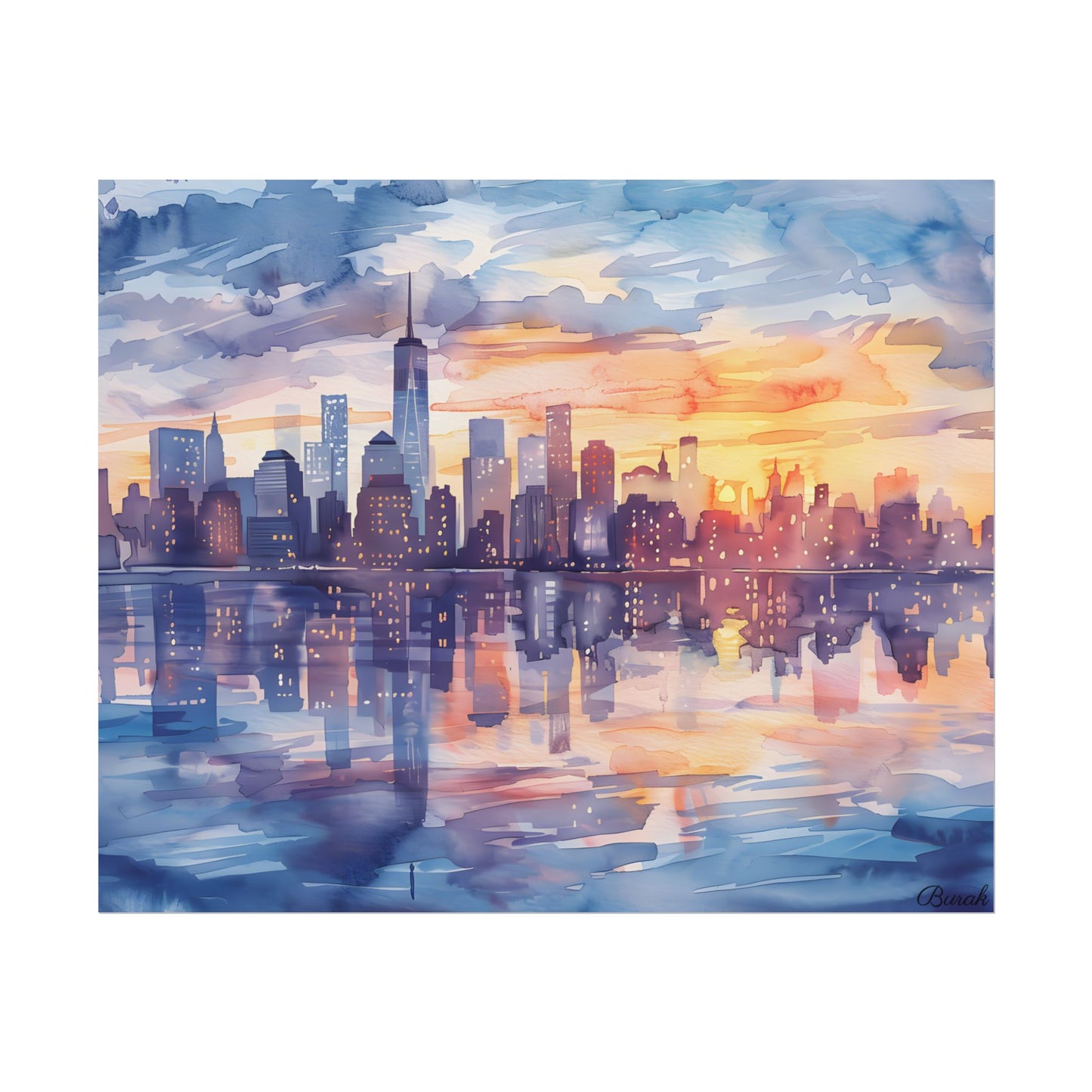 Watercolor New York City Sunset Skyline: Artistic NYC View - Poster