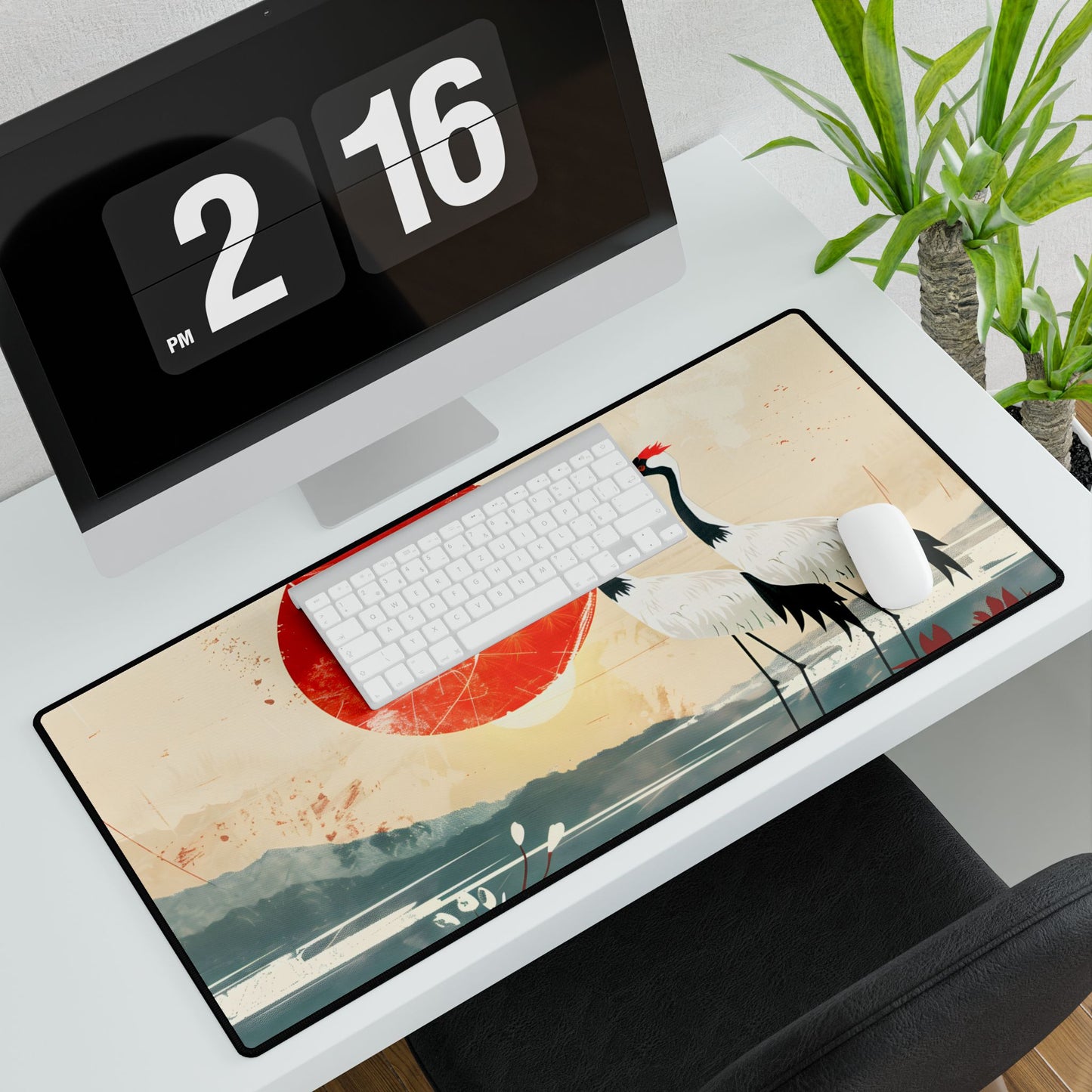 Serene Crane Landscape: Two Industrial Cranes in Nature - Desk Mat