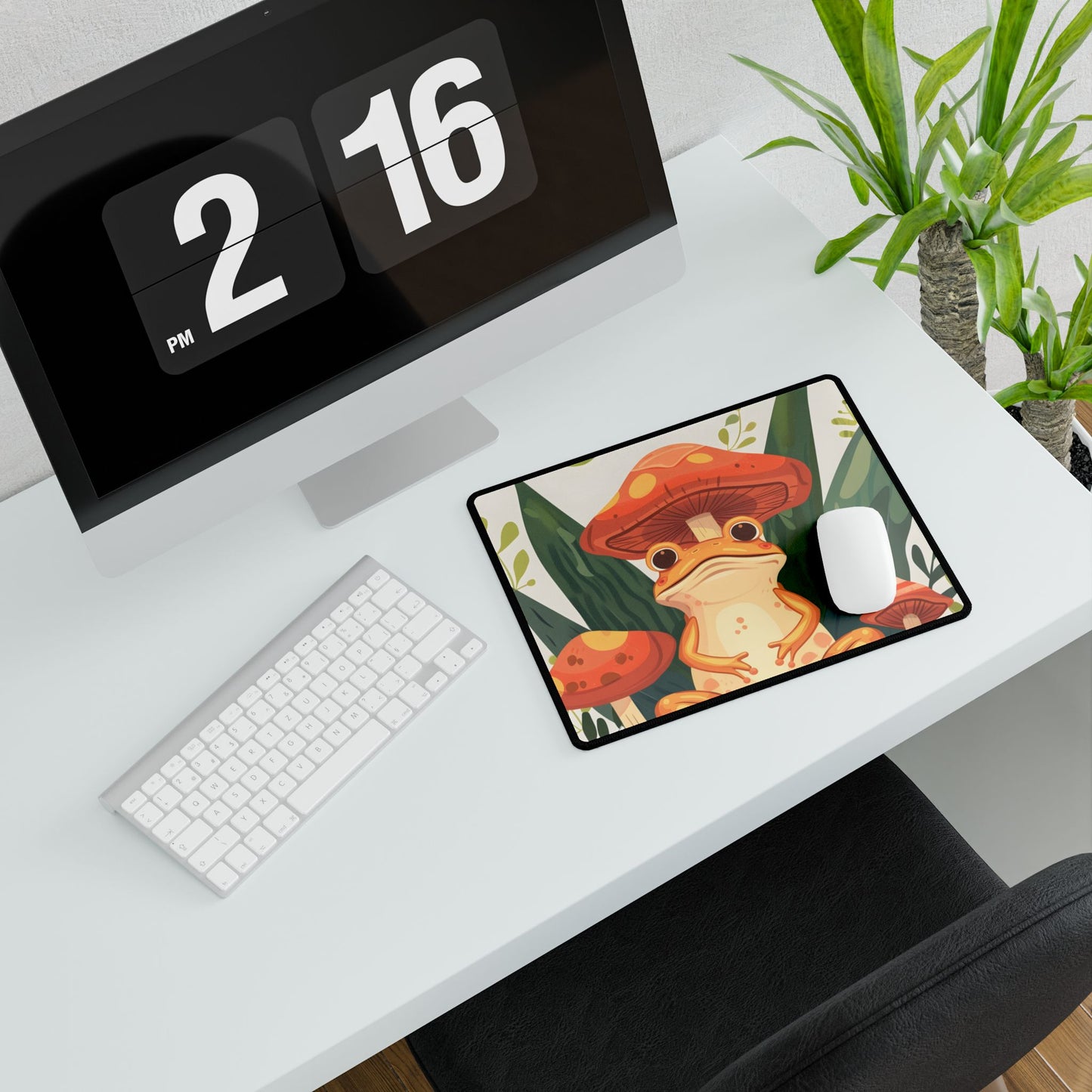 Retro Whimsy: Frog & Mushrooms in Close-Up Charm - Desk Mat