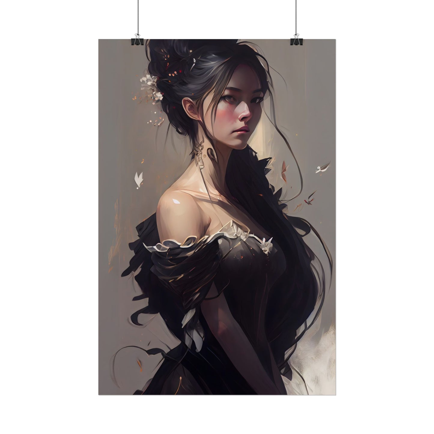 Elegant Black Hair Portrait: Beautiful Female in Dress Art - Poster