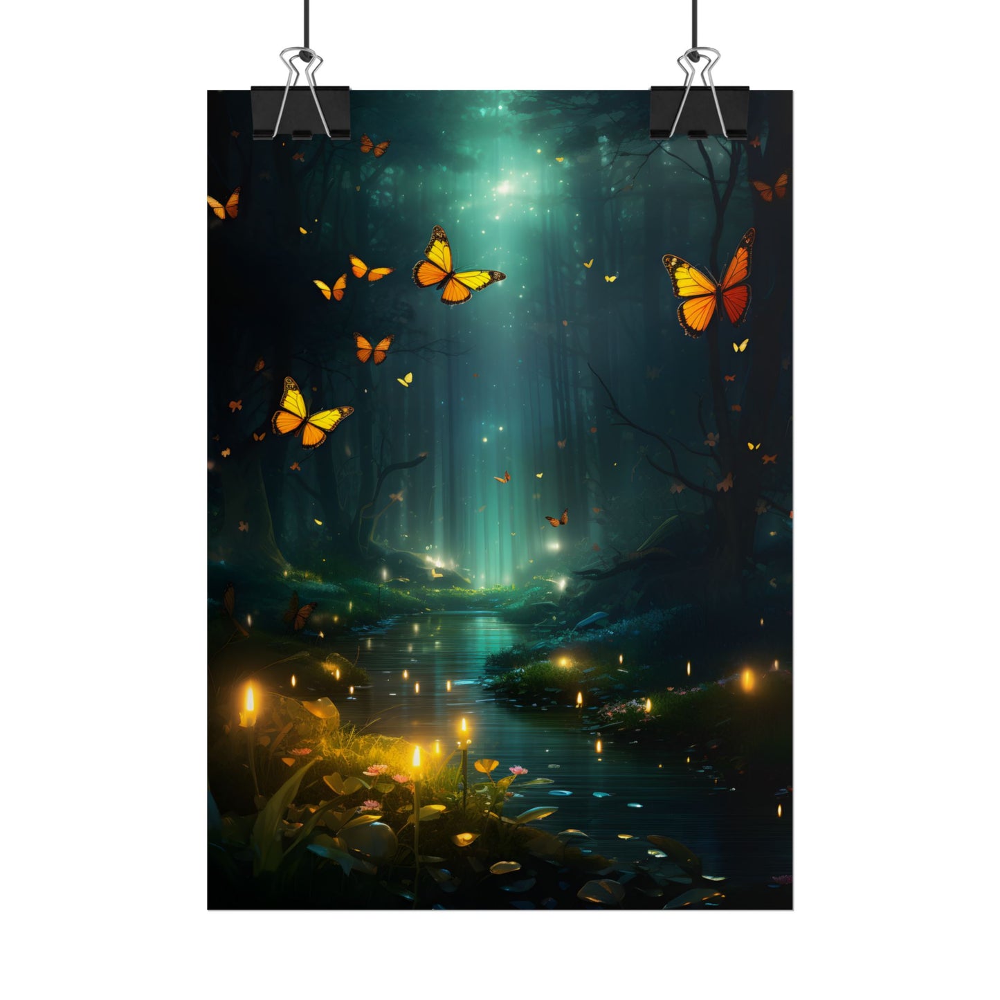 Fantasy Night Bokeh Artwork: Glowing Fog Forest Painting - Poster