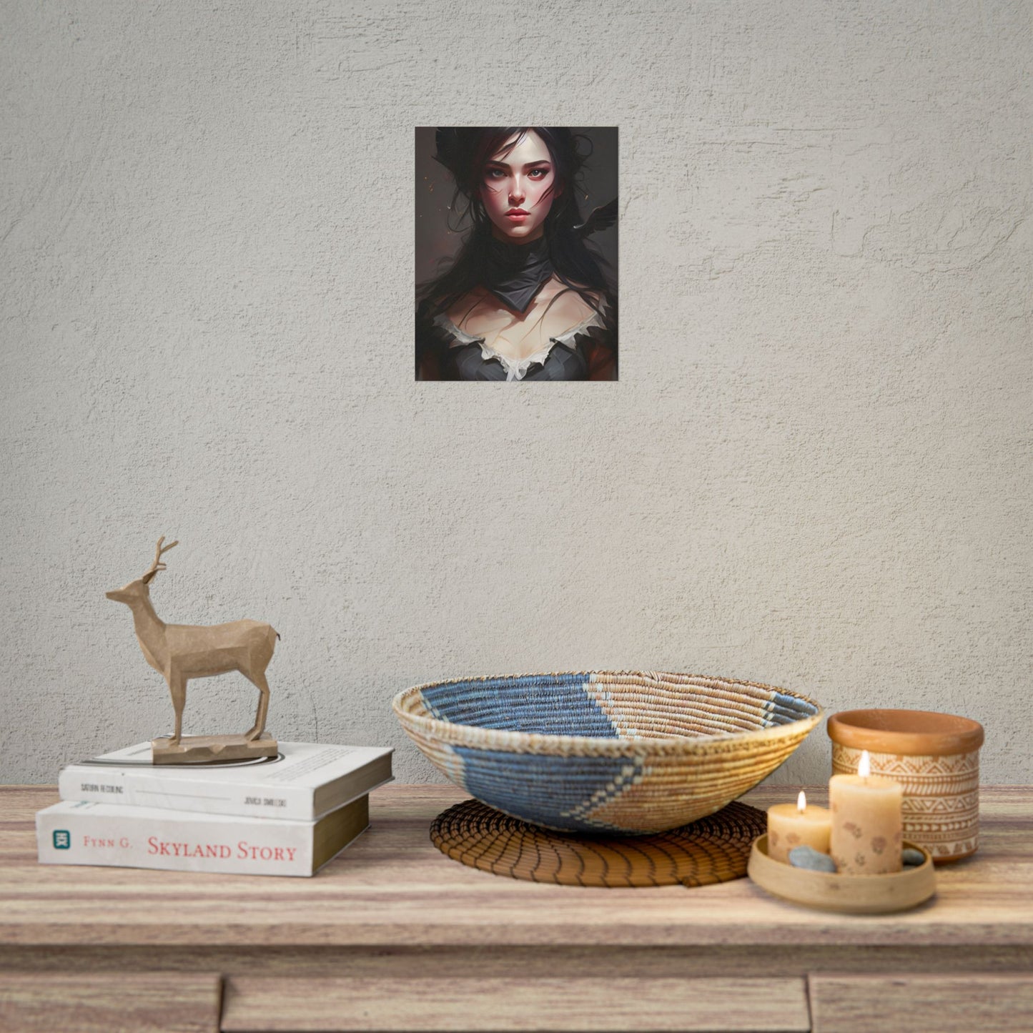 Female Portrait: Black Hair Artwork in Dark Background - Poster