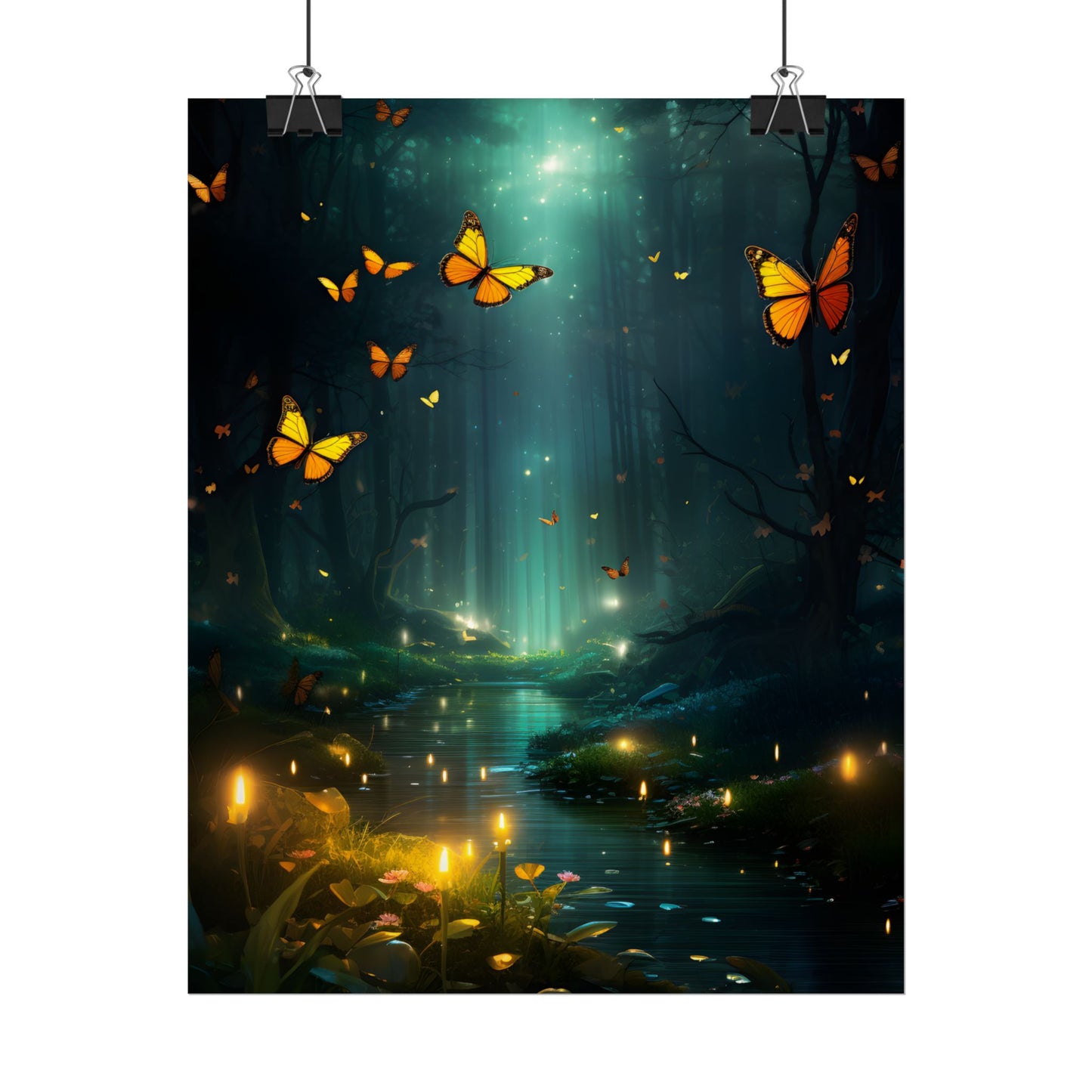 Fantasy Night Bokeh Artwork: Glowing Fog Forest Painting - Poster