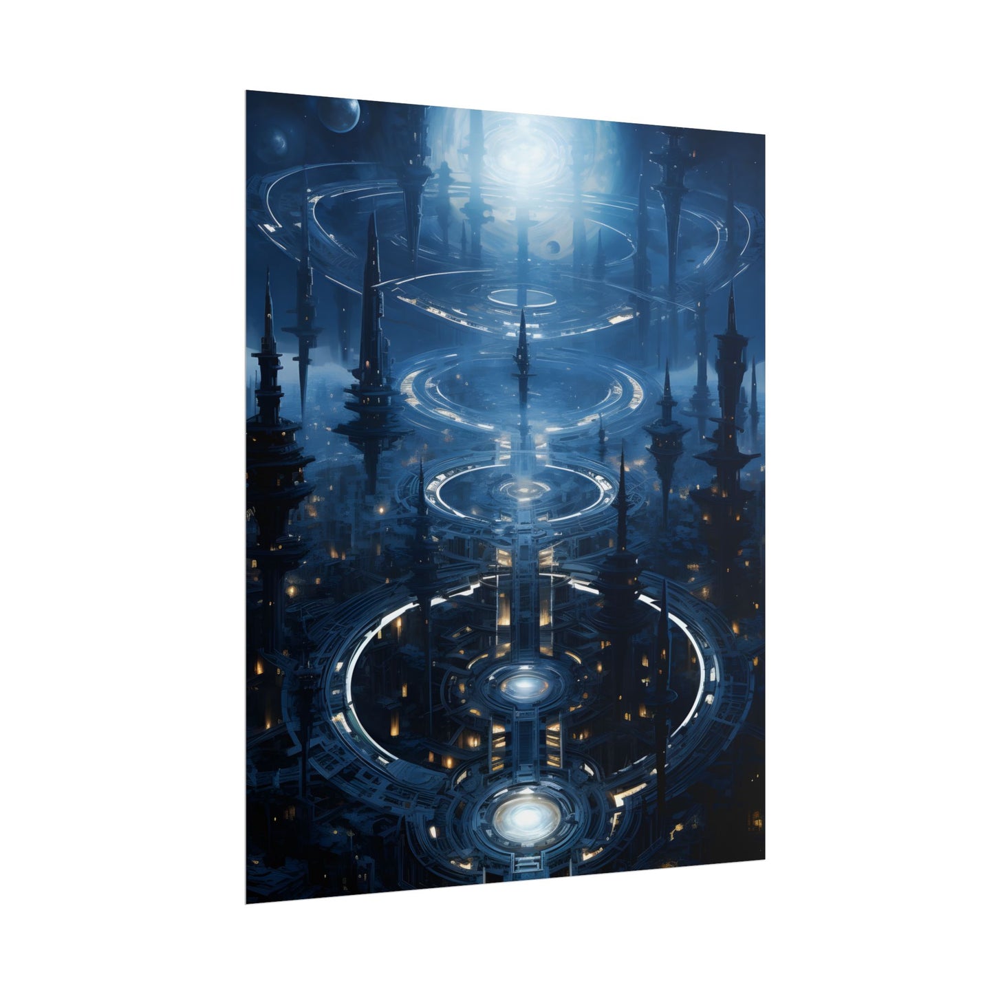 Aetherial Space Station: Galactic Hub in Vibrant Blue Nebula - Poster