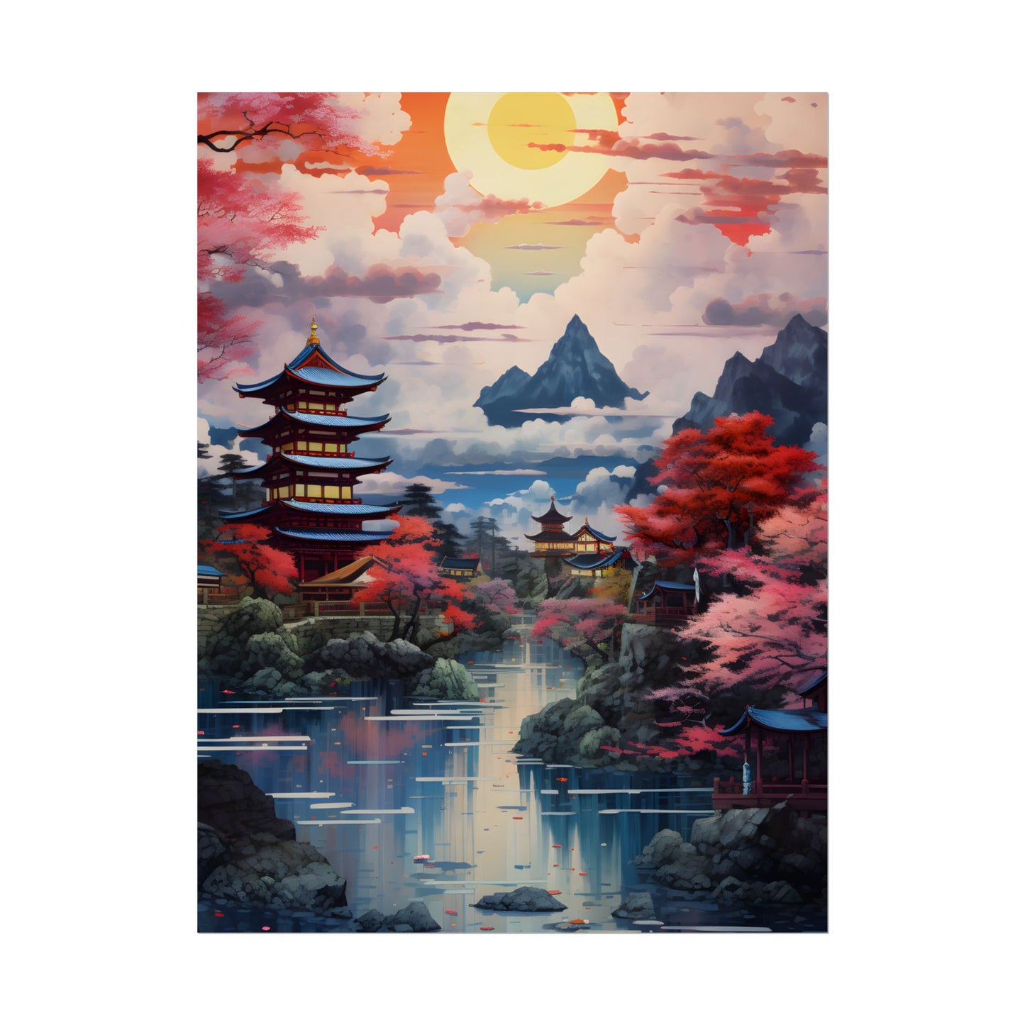 Wonderful Japanese River Scene with Serene Flowers - Poster