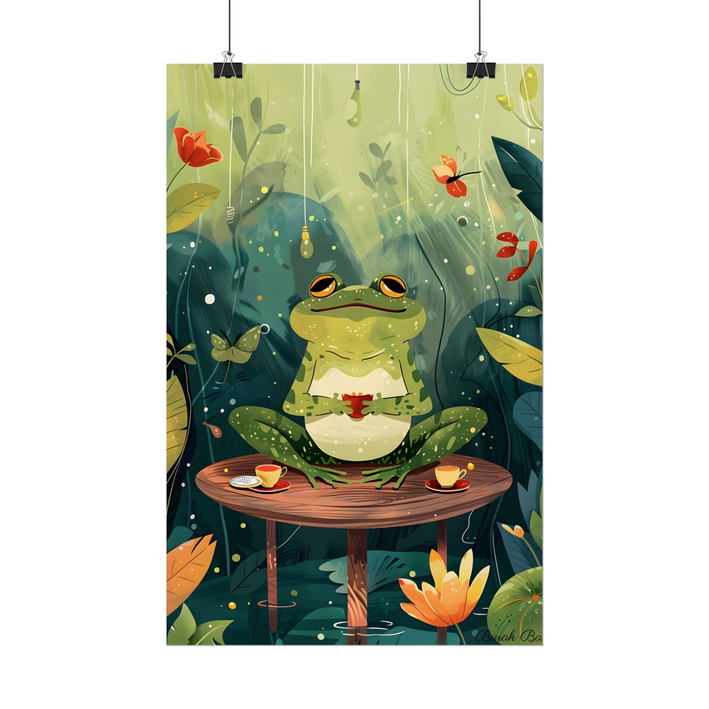 Whimsical Frog on Water: Playful Lily Pad Illustration - Poster