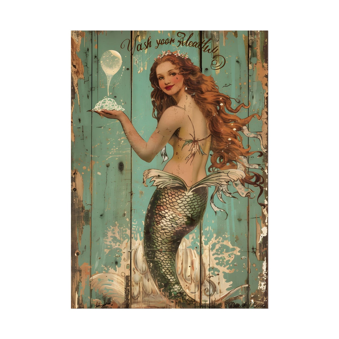 Whimsical Vintage Mermaid: A Soap Bubble Serenade - Poster