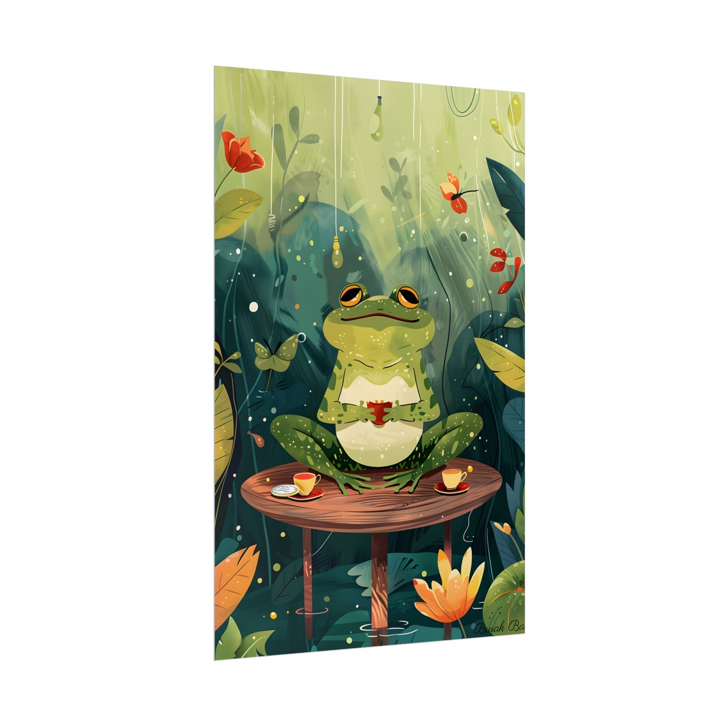 Whimsical Frog on Water: Playful Lily Pad Illustration - Poster