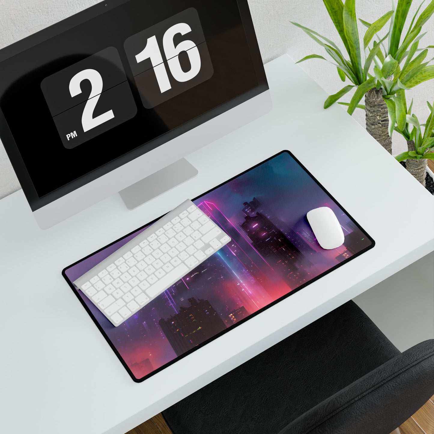 Futuristic Cityscape: Neon Dreams in the Urban Sky - Desk Mat