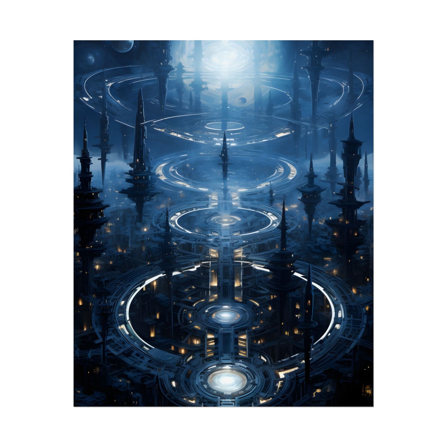 Aetherial Space Station: Galactic Hub in Vibrant Blue Nebula - Poster