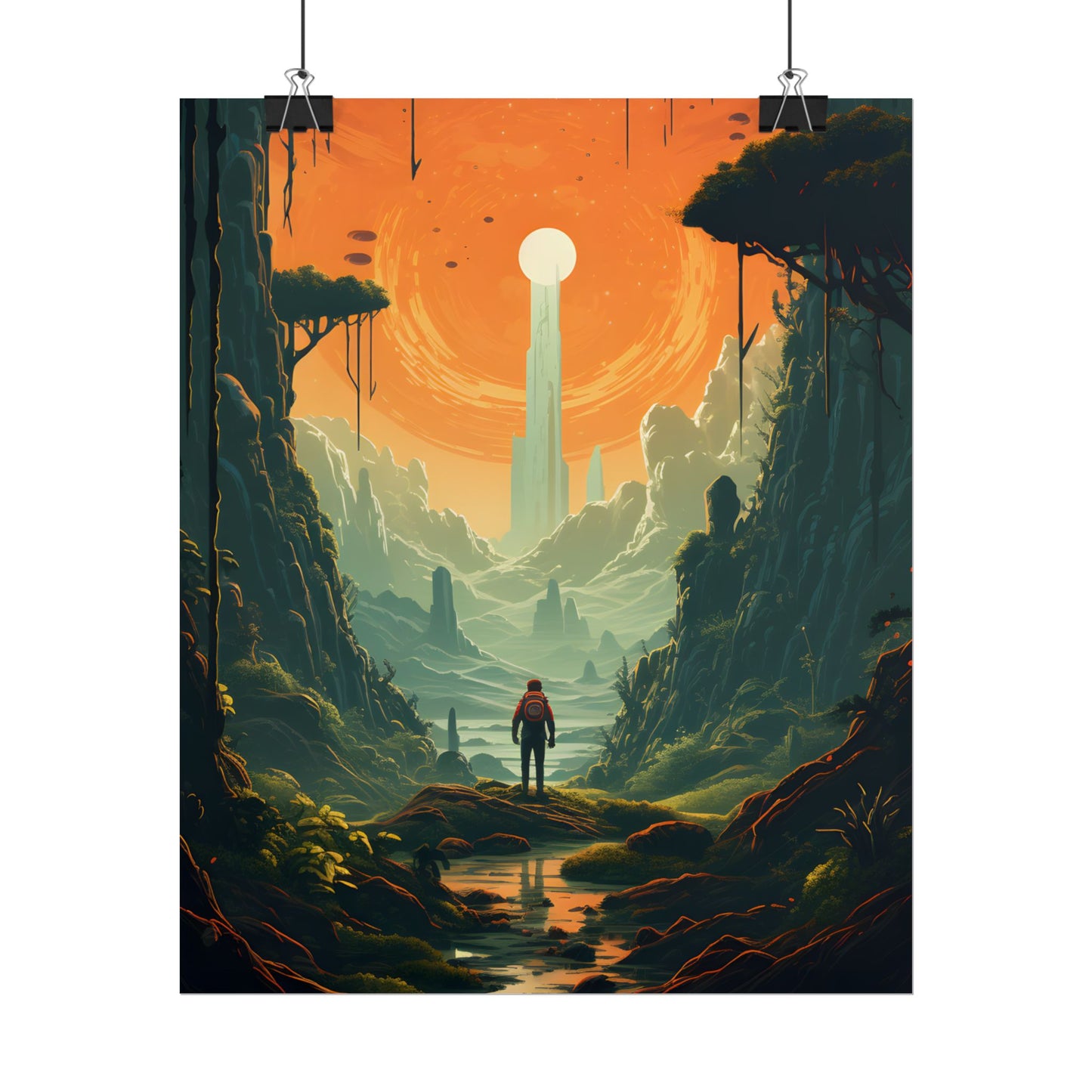 Futuristic Wilderness Explorer: Solo Discovery in Sci-Fi Terrain - Poster