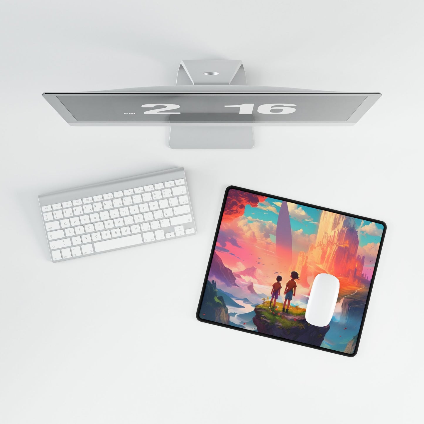 Peaceful Meadow Landscape: Girl and Boy on Cloudy Hill - Desk Mat