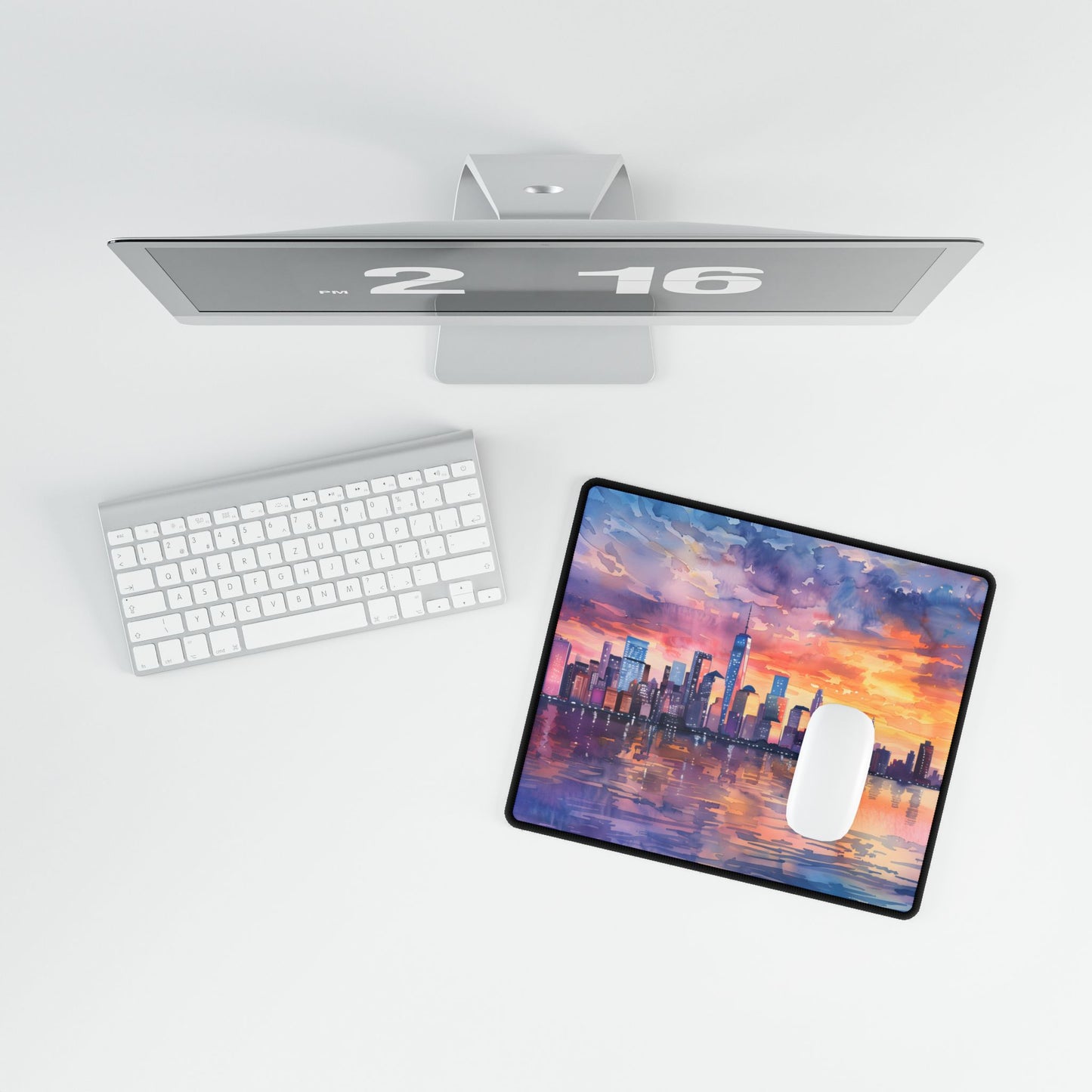 Serene NYC Sunset: Watercolor Skyline Reflections - Desk Mat