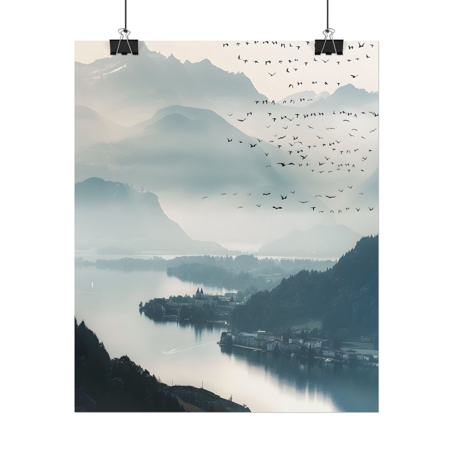 Serene Mountain Landscape: Bird's Eye View Art - Poster