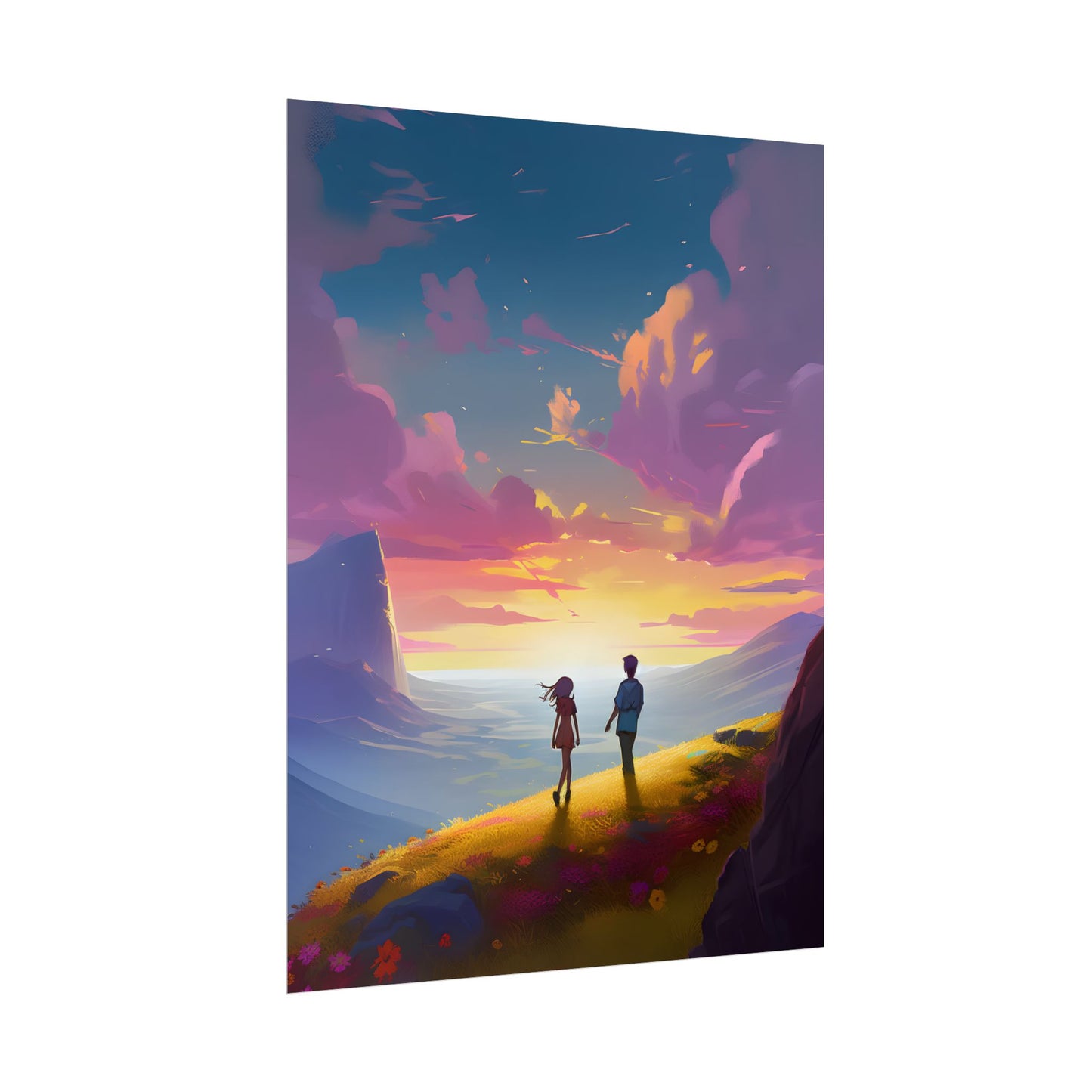 Young Love in a Cloudy Meadow: A Heartwarming Artwork - Poster