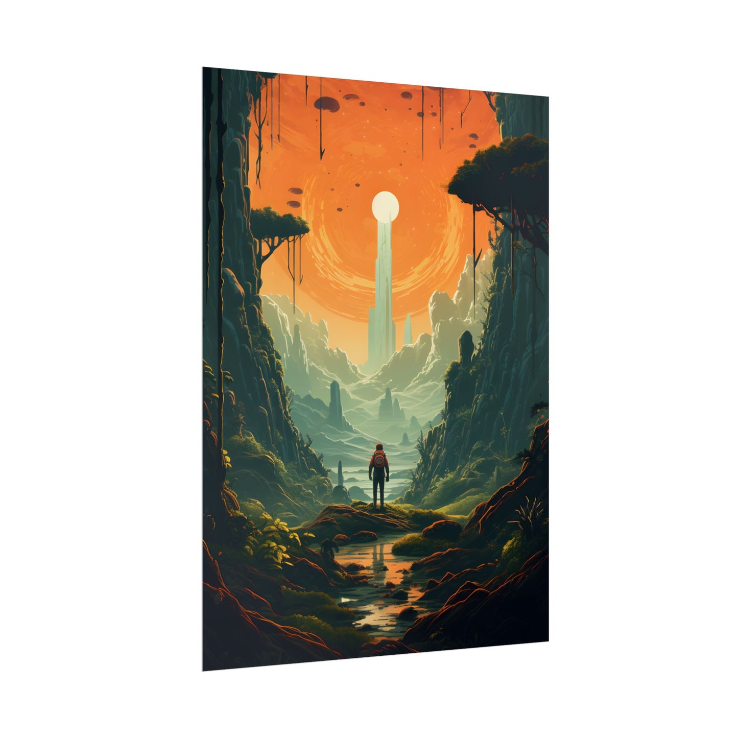 Futuristic Wilderness Explorer: Solo Discovery in Sci-Fi Terrain - Poster