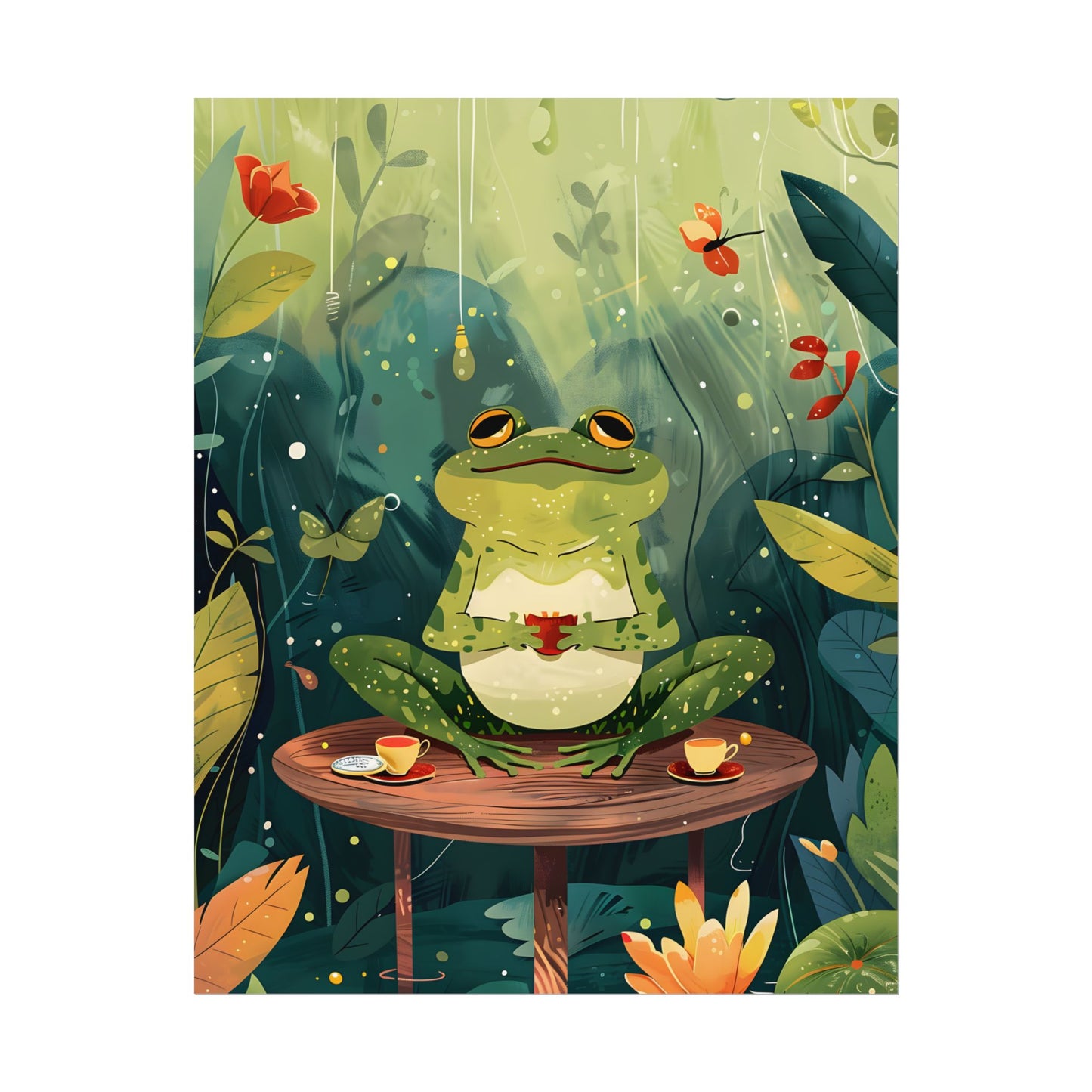 Whimsical Frog on Water: Playful Lily Pad Illustration - Poster