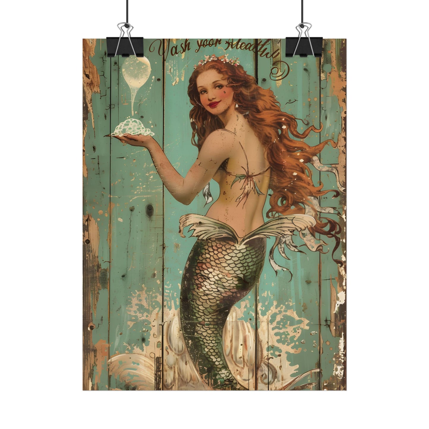Whimsical Vintage Mermaid: A Soap Bubble Serenade - Poster