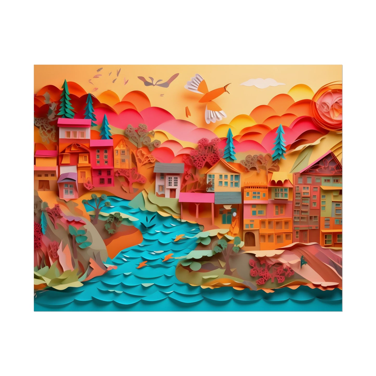 Magical Beach Quill: Vibrant Paper Art of Tropical Paradise - Poster