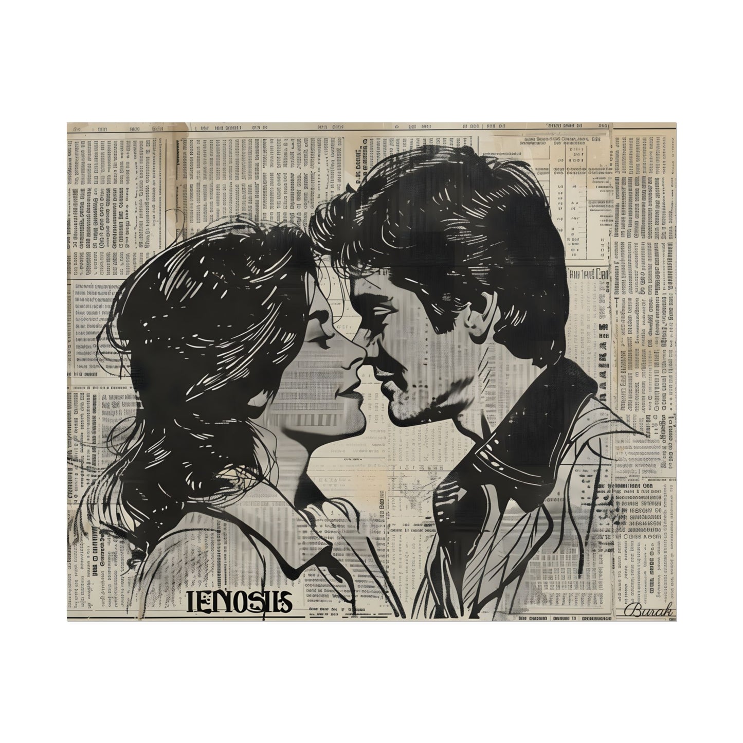 Vintage Romance Couples: Timeless Newsprint Art - Poster