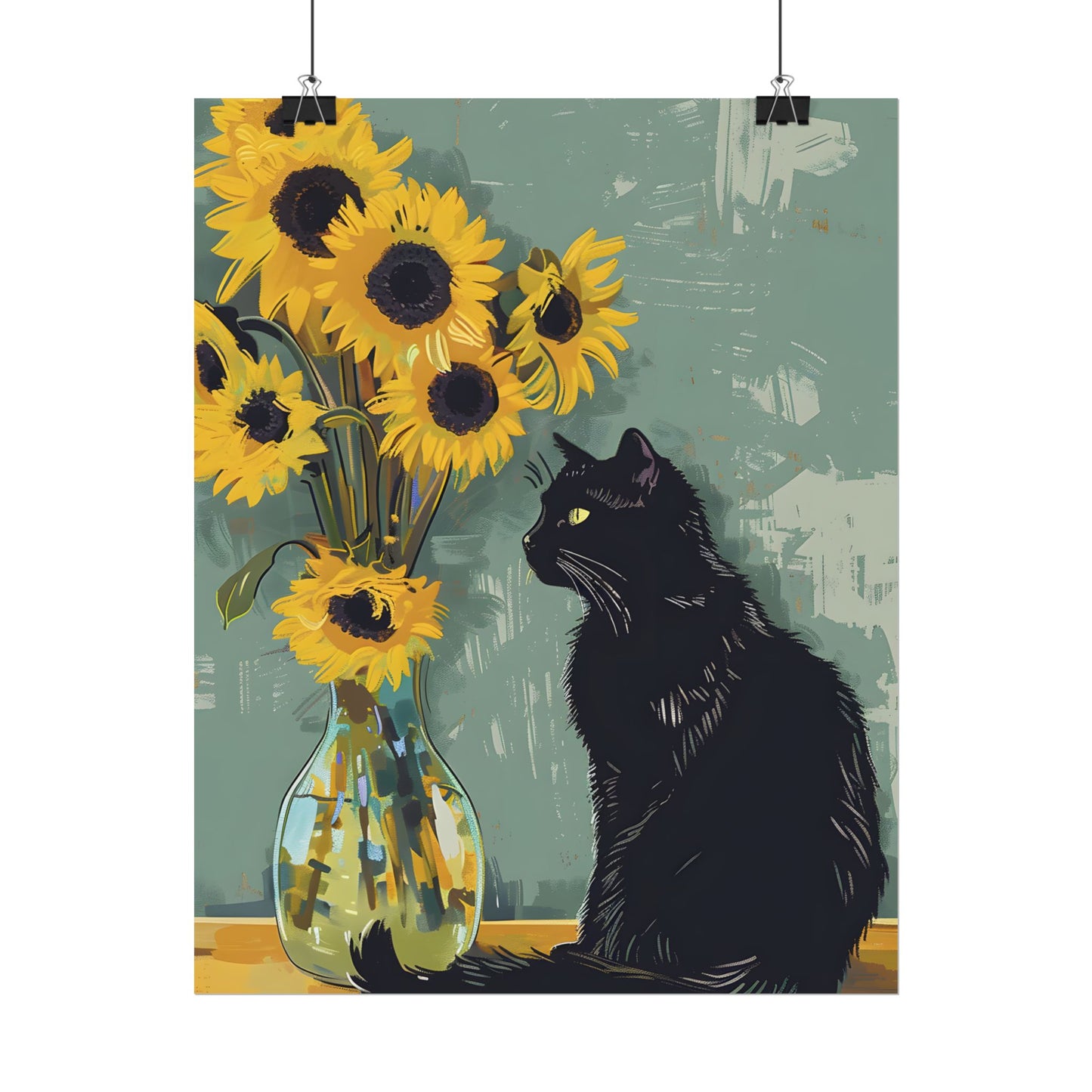 Whispers in the Sun: A Black Cat's Serene Moment with Sunflowers - Poster