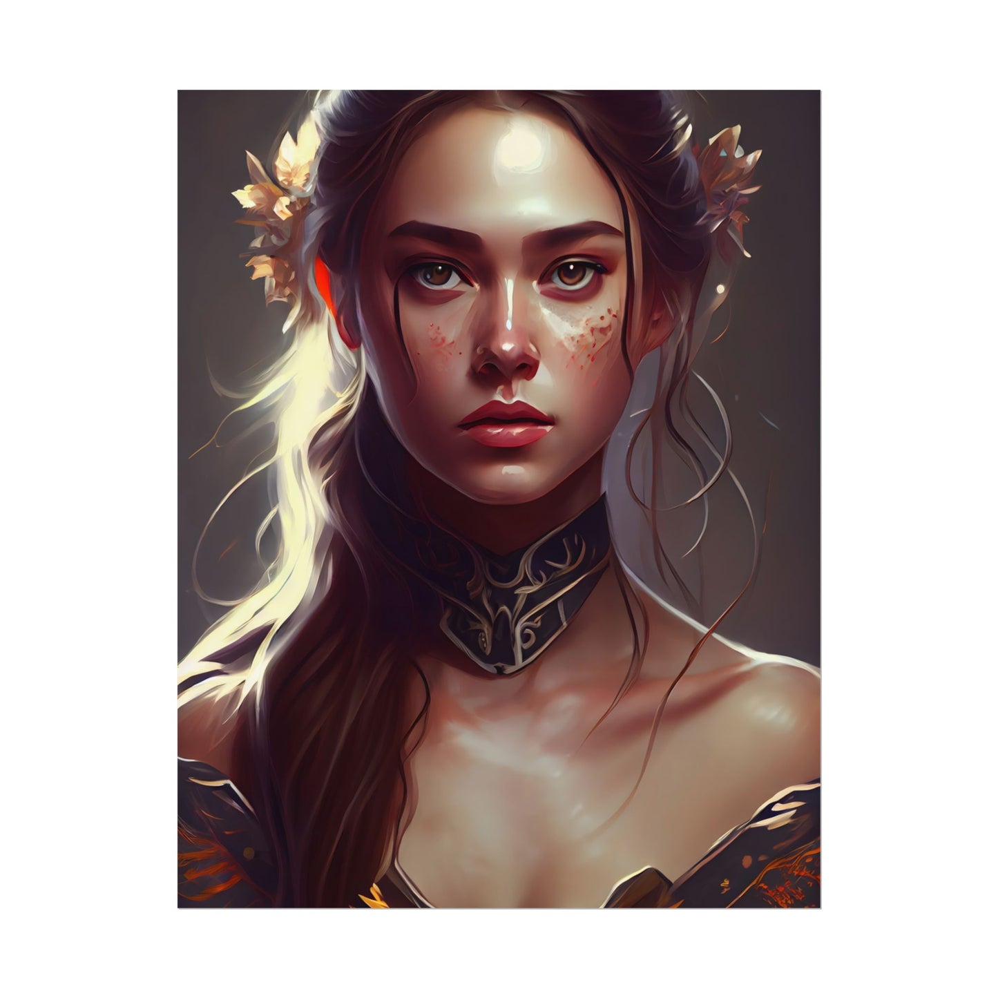 Stunning Female Portrait: Brown Hair Artwork in a Dramatic Style - Poster