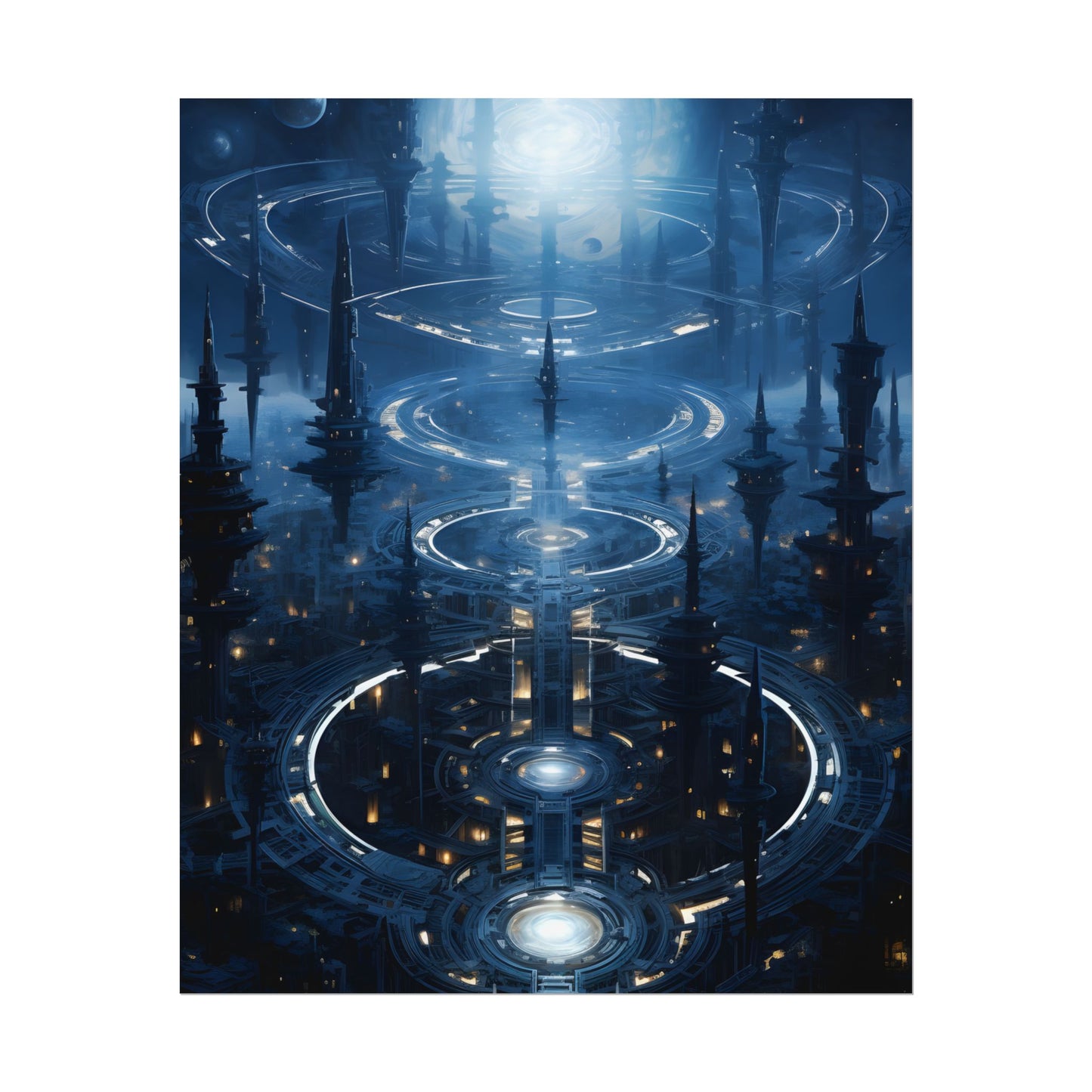 Aetherial Space Station: Galactic Hub in Vibrant Blue Nebula - Poster