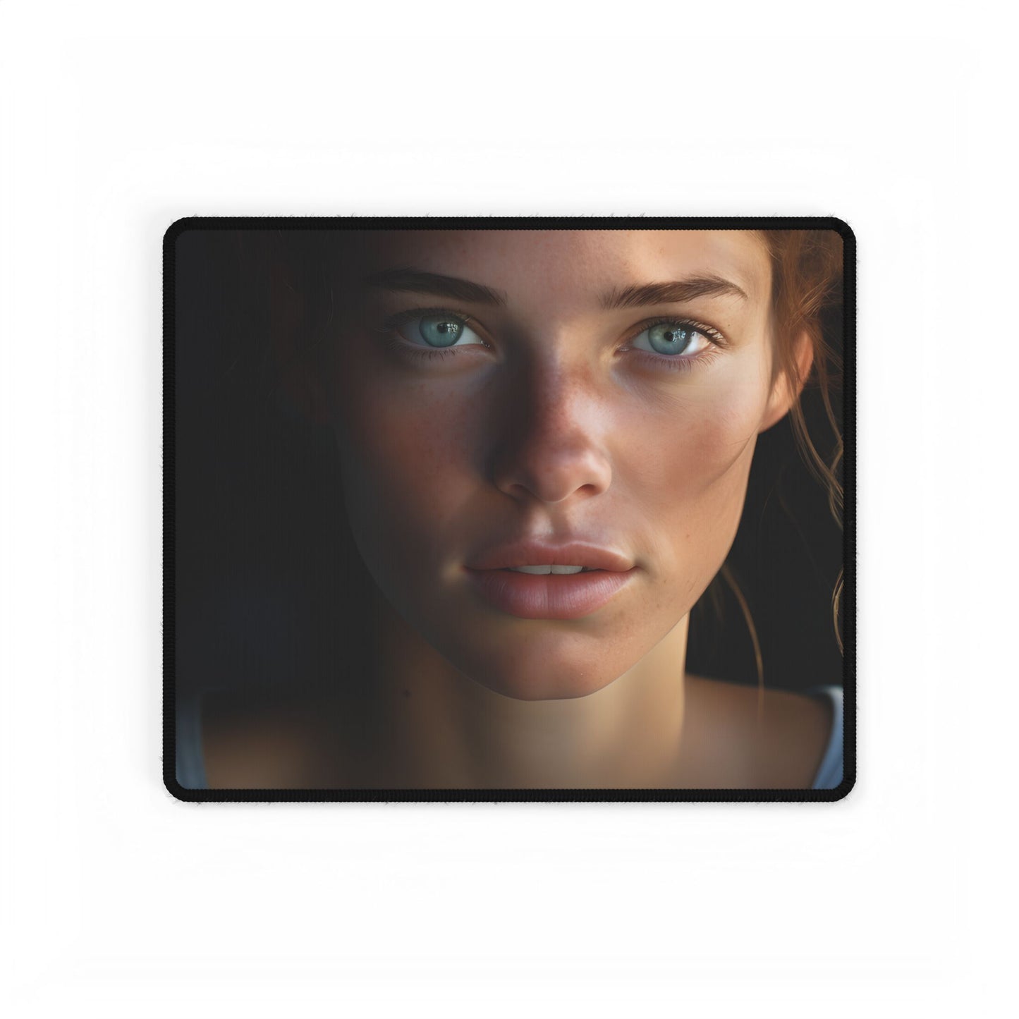 Close-Up Portrait: Grinning Woman with Sharp Light Brown Eyes - Desk Mat