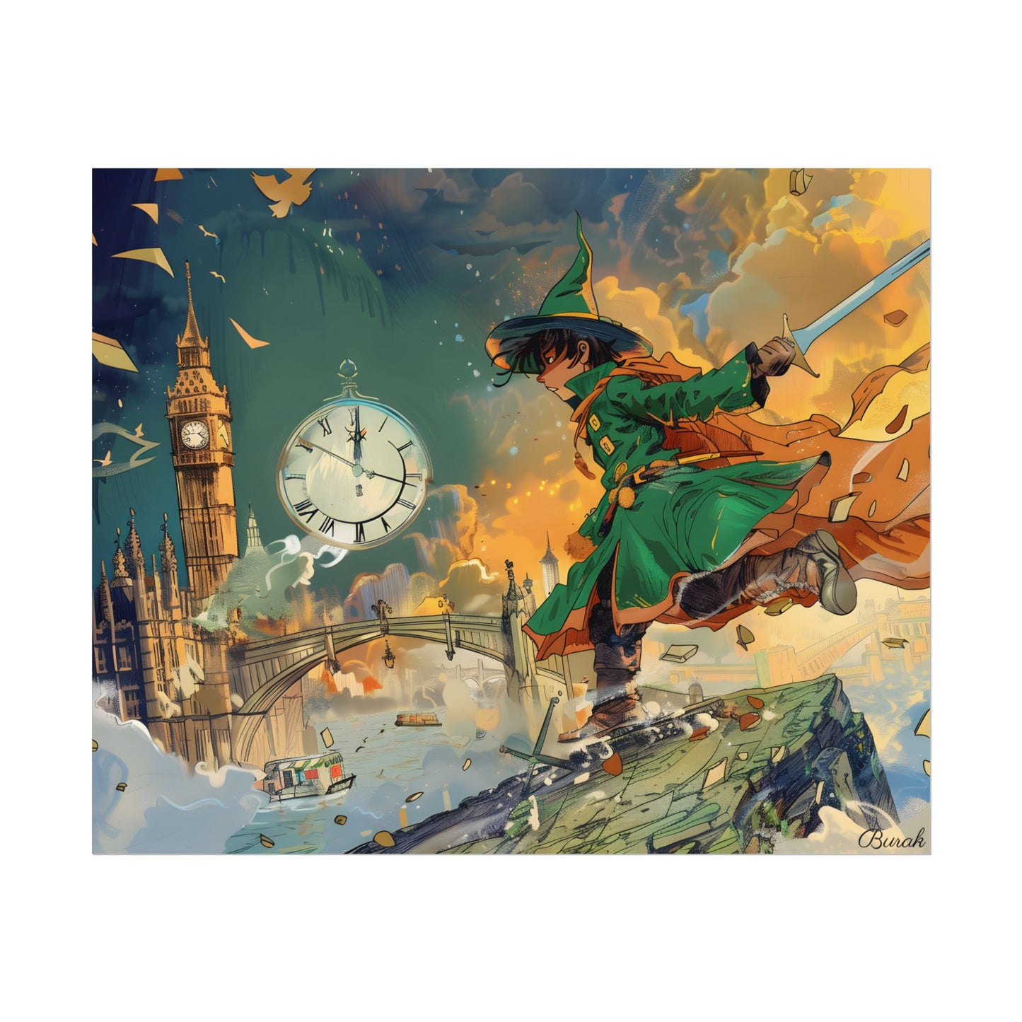 Whimsical Green Tunic Boy: Mischievous Illustration - Poster