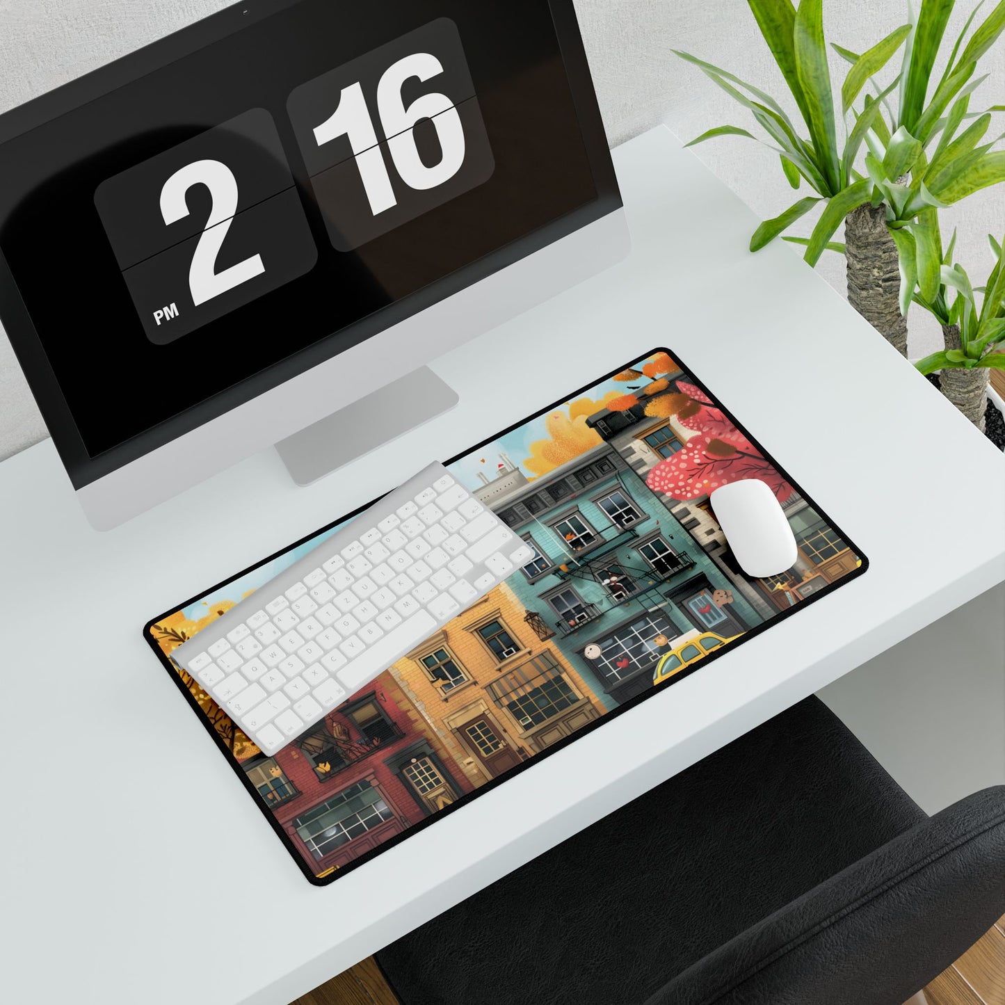 Whimsical Wonder: Playful Yellow Building Illustration - Desk Mat