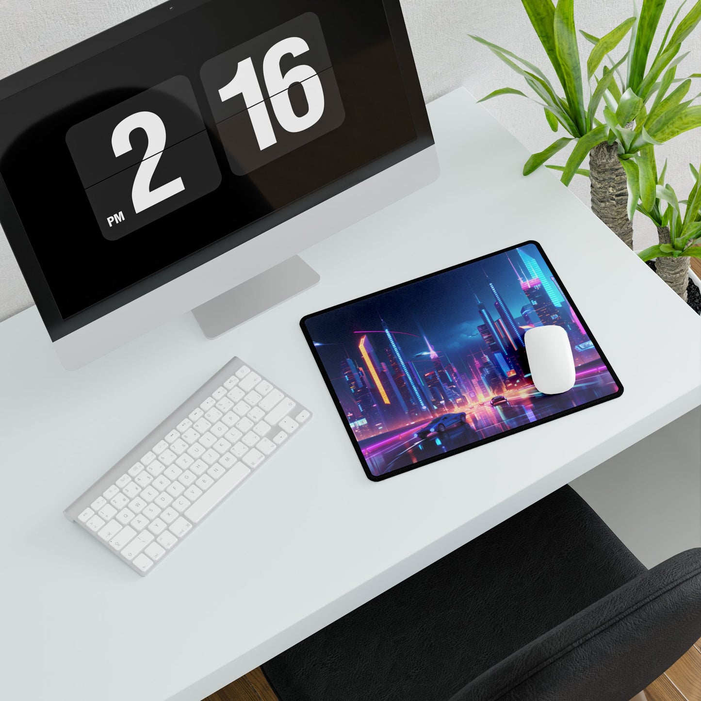 Futuristic City Glow: Neon Lights Digital Art - Desk Mat