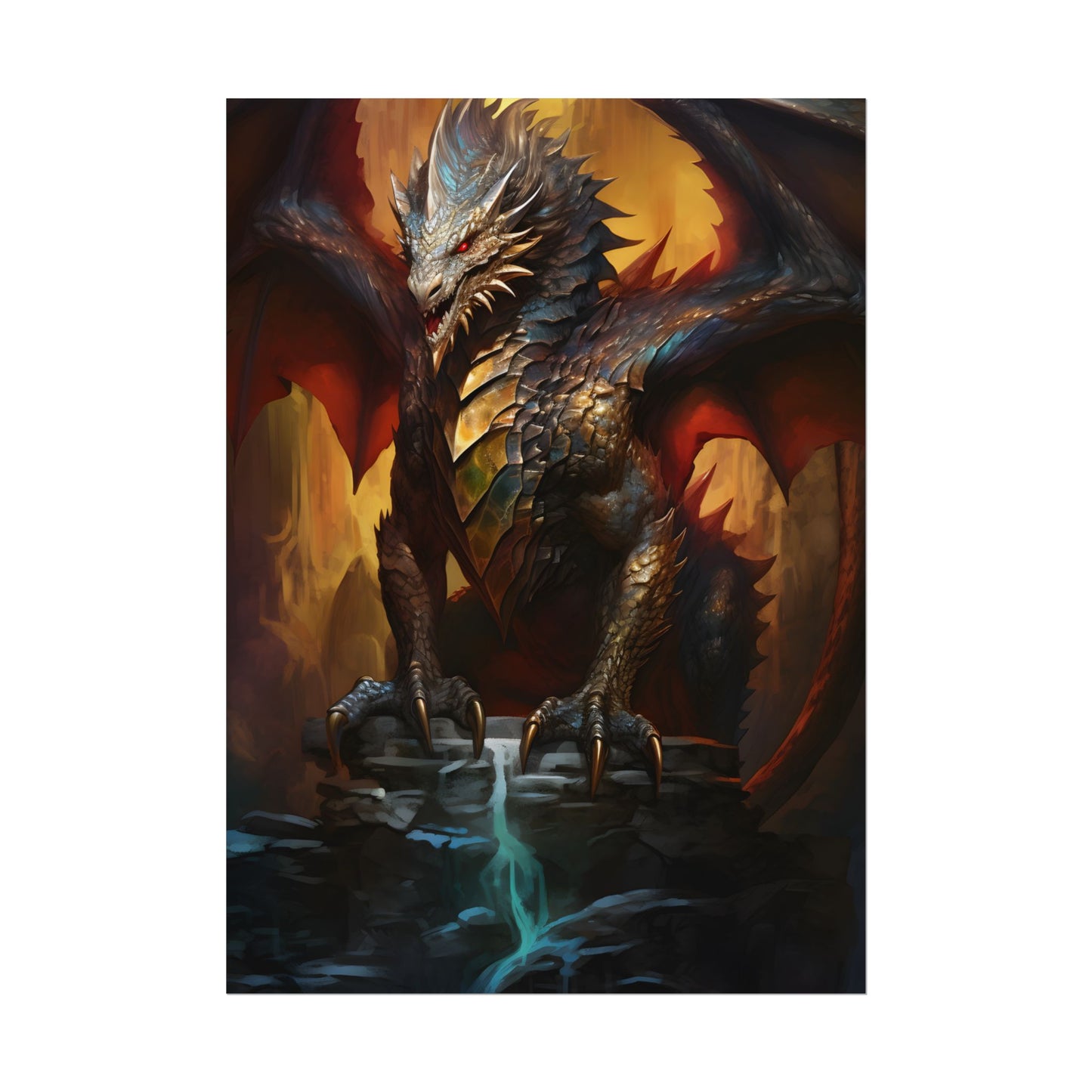 Fantasy Castle Guardian: Majestic Dragon Soars in Mid-Air - Poster