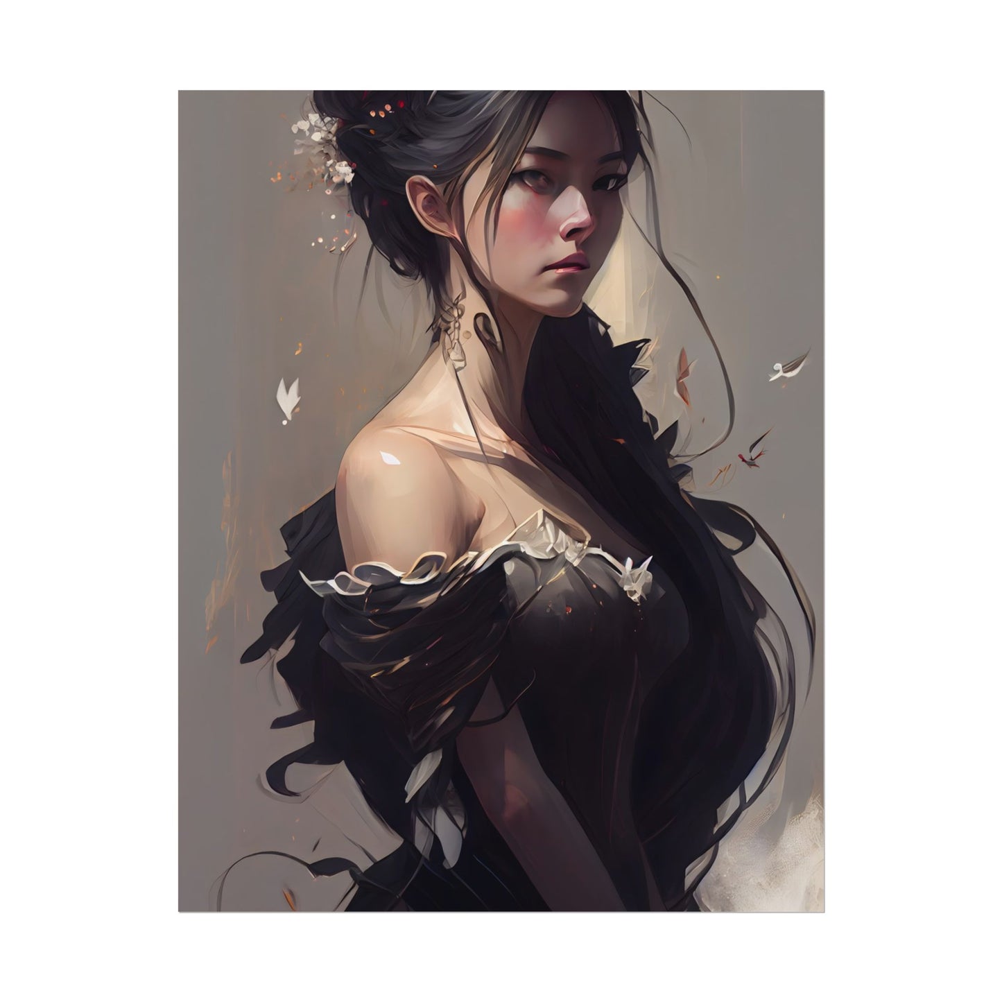 Elegant Black Hair Portrait: Beautiful Female in Dress Art - Poster