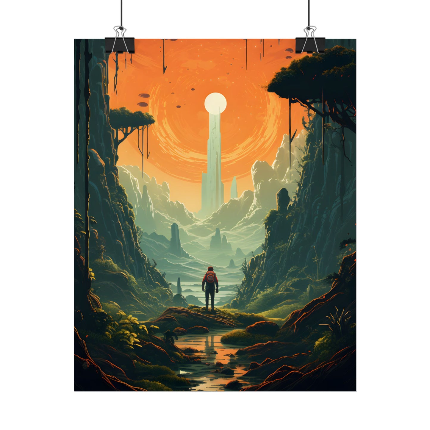 Futuristic Wilderness Explorer: Solo Discovery in Sci-Fi Terrain - Poster