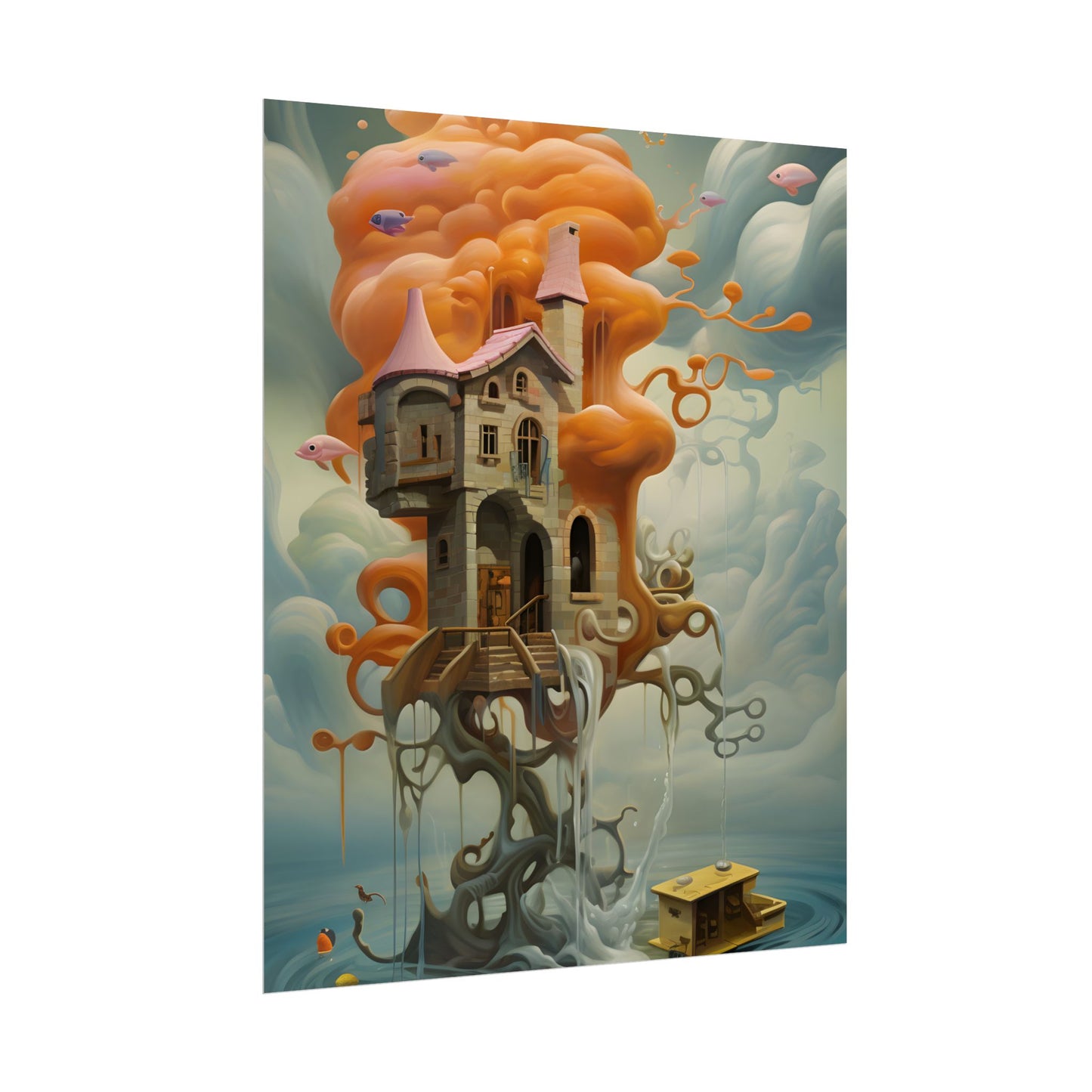 Surreal Dreamscape: Orange Mushroom in Psychedelic Landscape - Poster