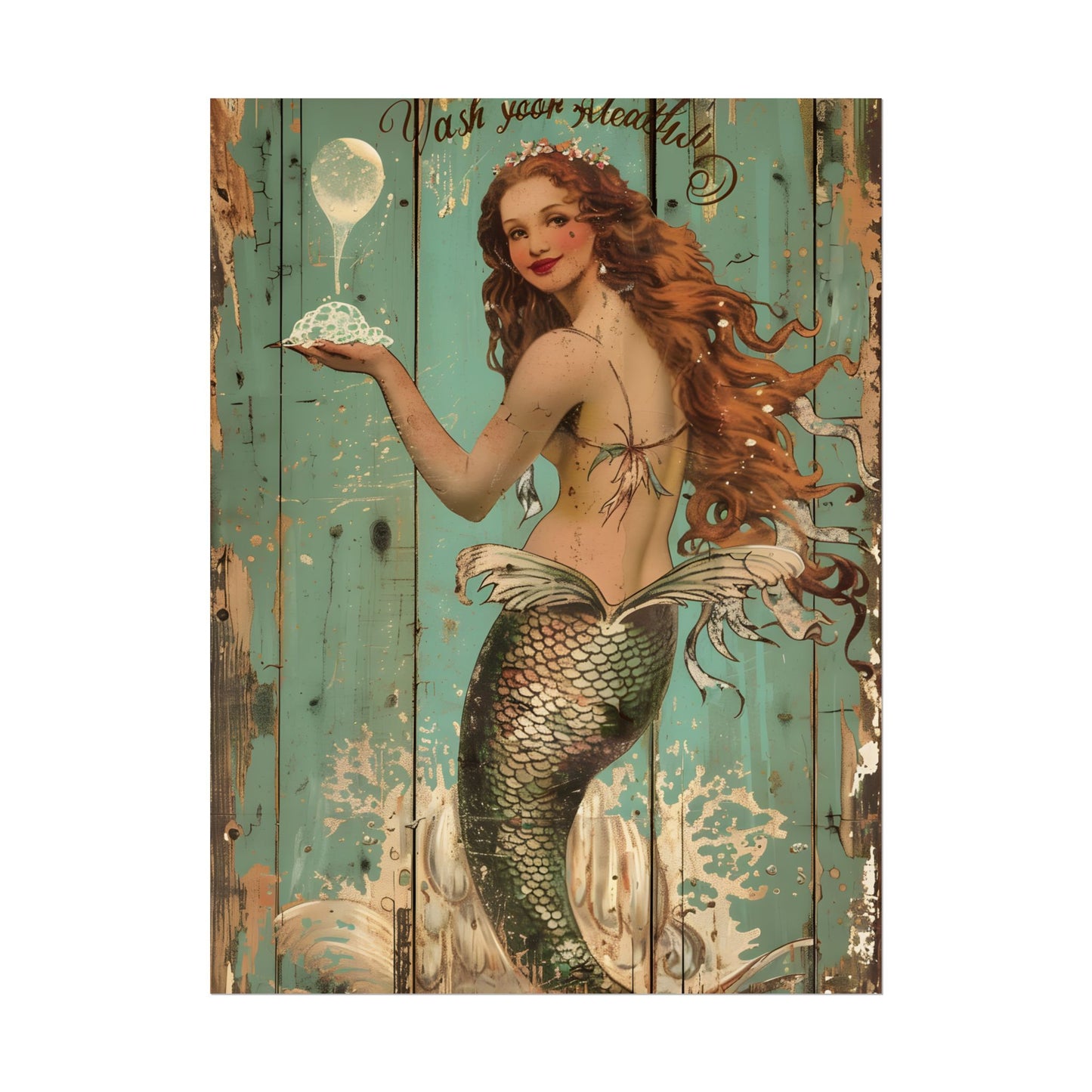 Whimsical Vintage Mermaid: A Soap Bubble Serenade - Poster