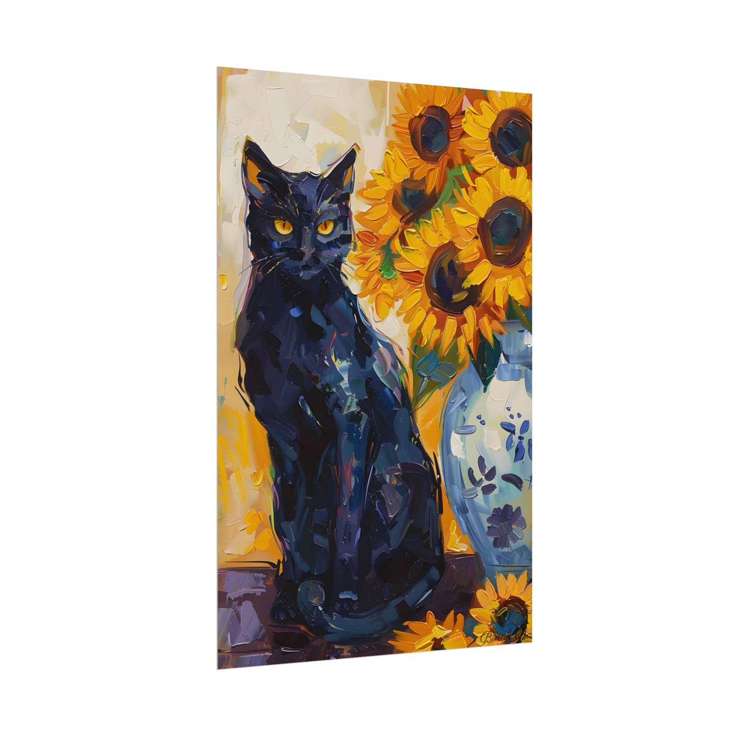 Whiskers by Sunshine: Black Cat in a Blooming Garden - Poster