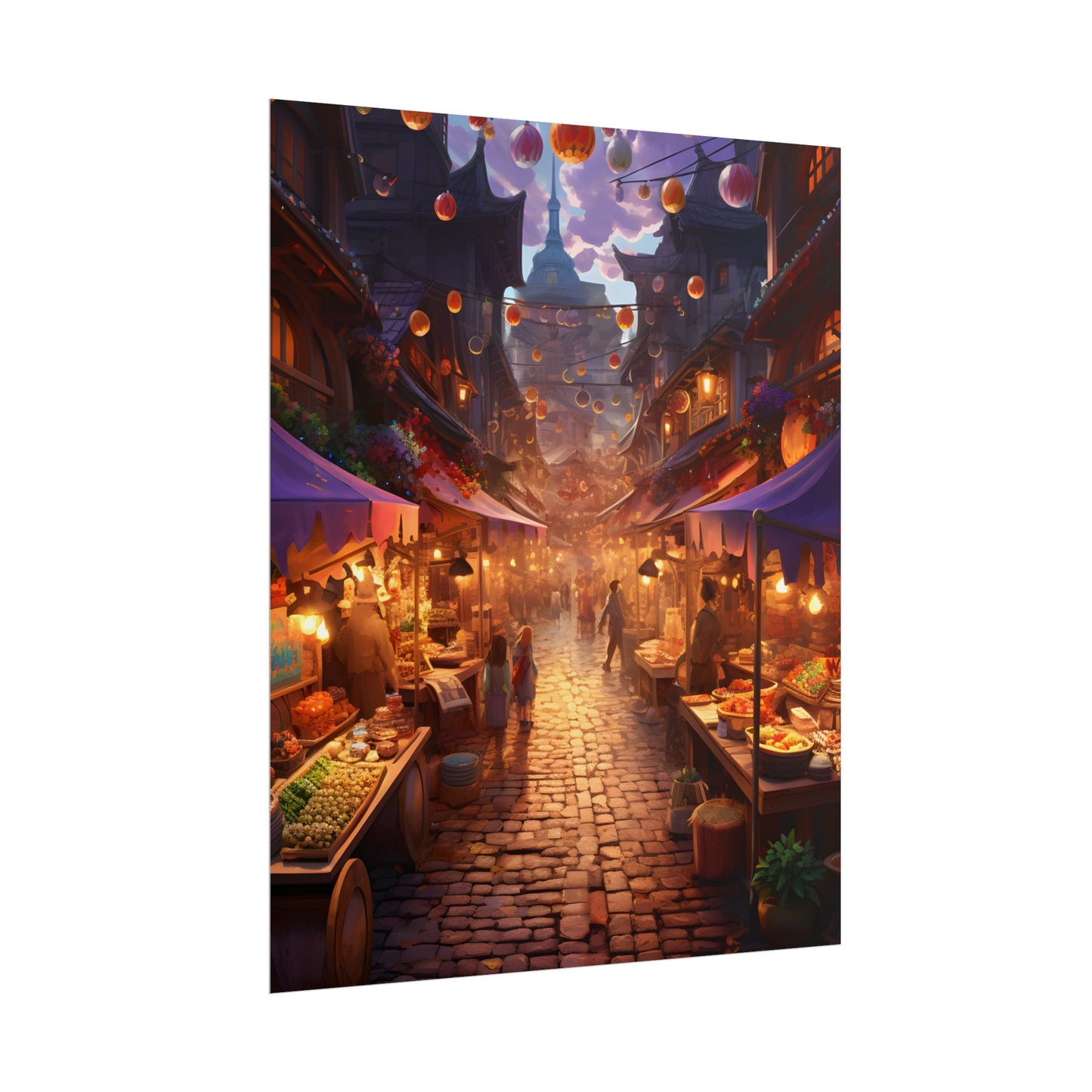 Magical Street Food Market: Vibrant Enchanted Scene Art - Poster