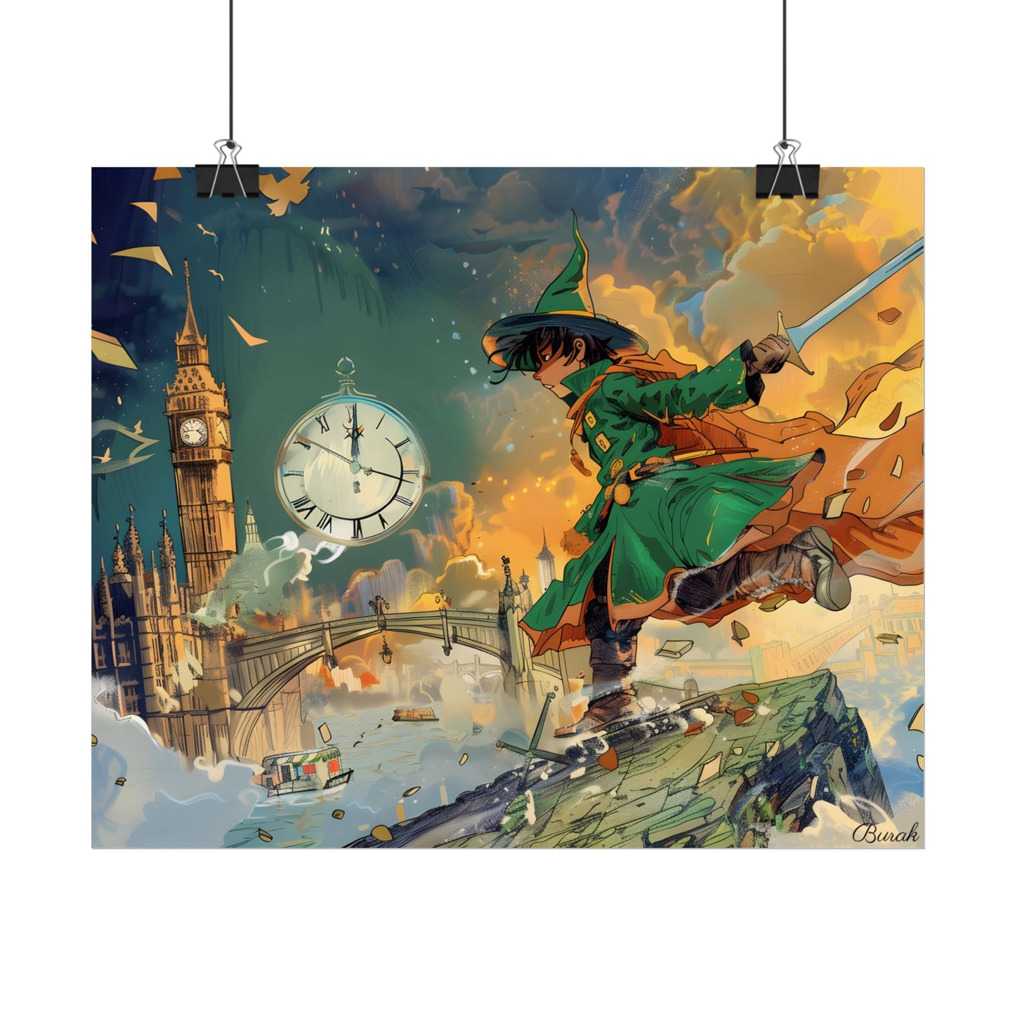 Whimsical Green Tunic Boy: Mischievous Illustration - Poster