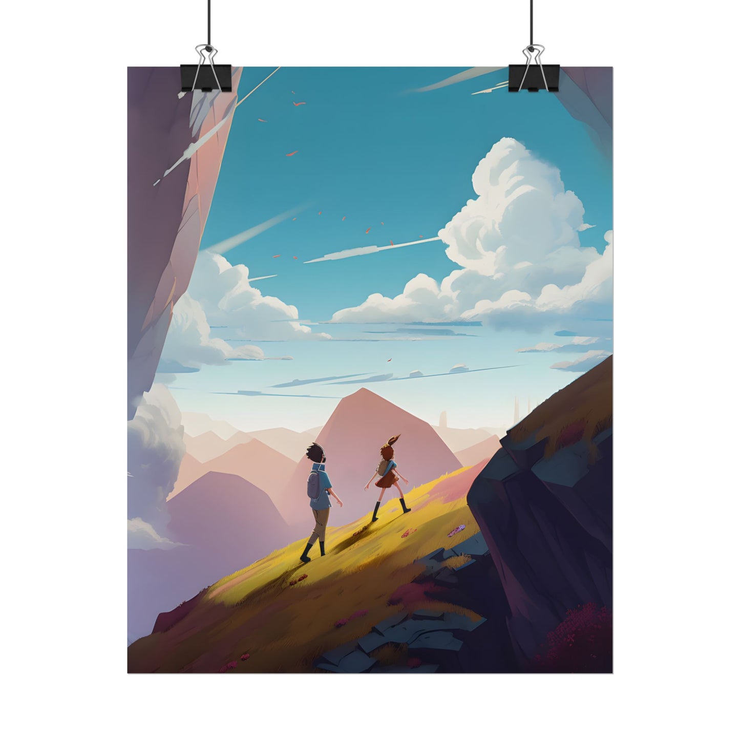Young Boy and Girl on Cloudy Meadow: Outdoor Landscape Art - Poster