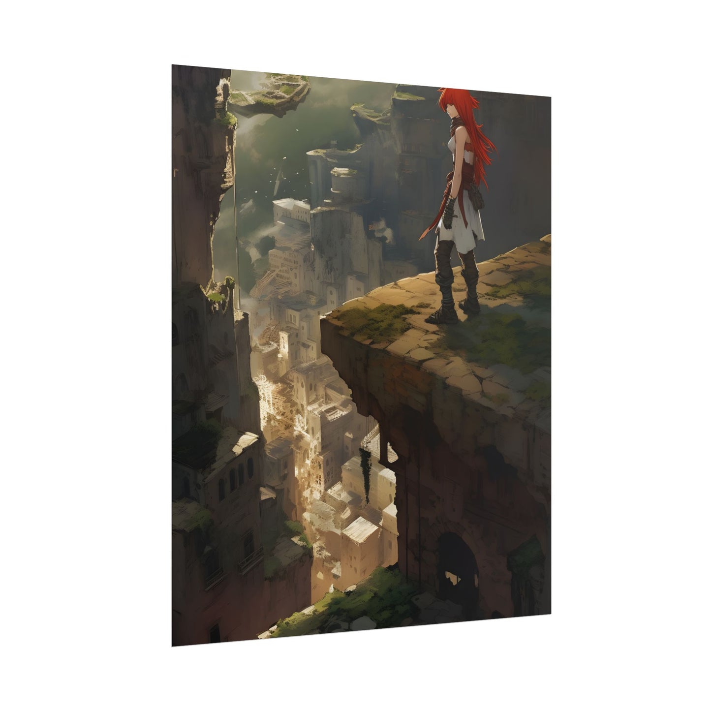 Anime Birds Eye View: Red Haired Female in Action Fantasy Scene - Poster
