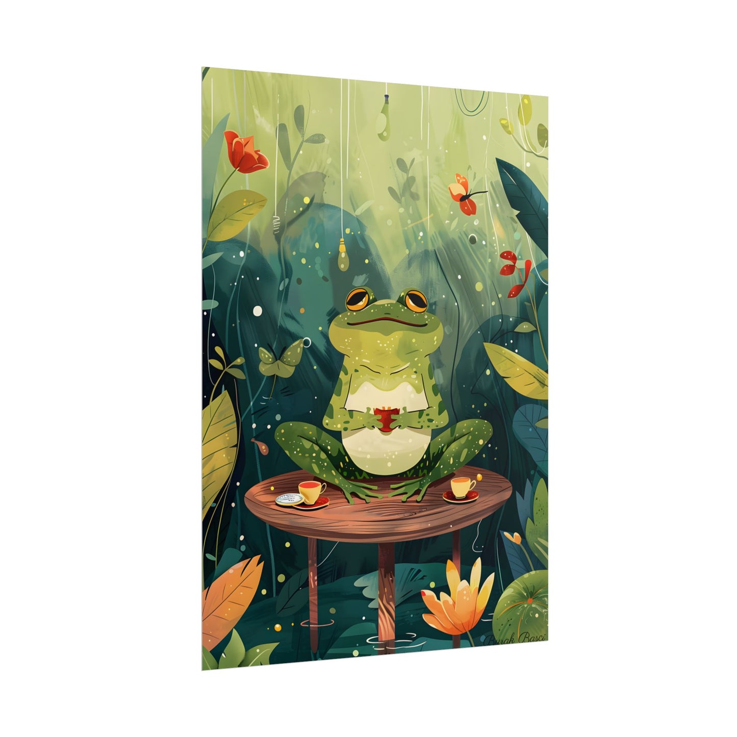 Whimsical Frog on Water: Playful Lily Pad Illustration - Poster