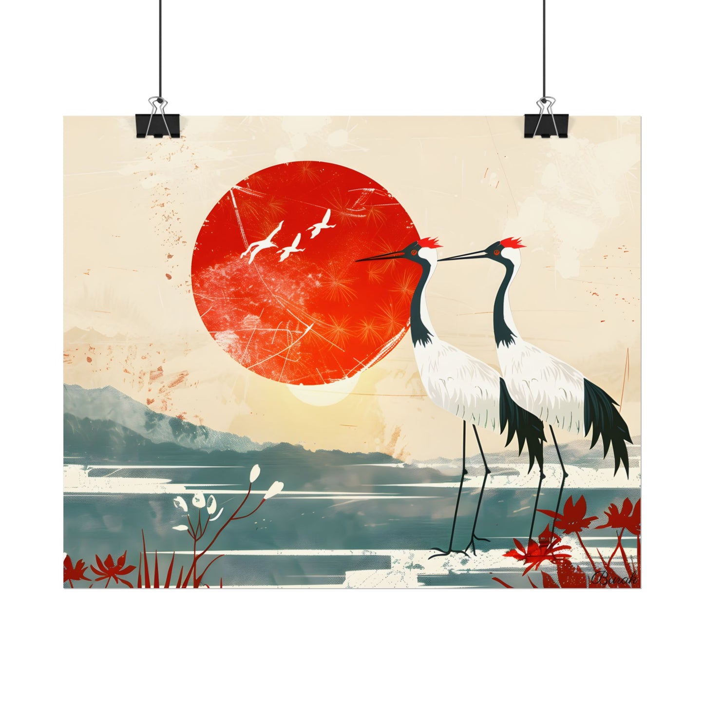 Serene Crane Landscape: Two Industrial Cranes in Nature - Poster
