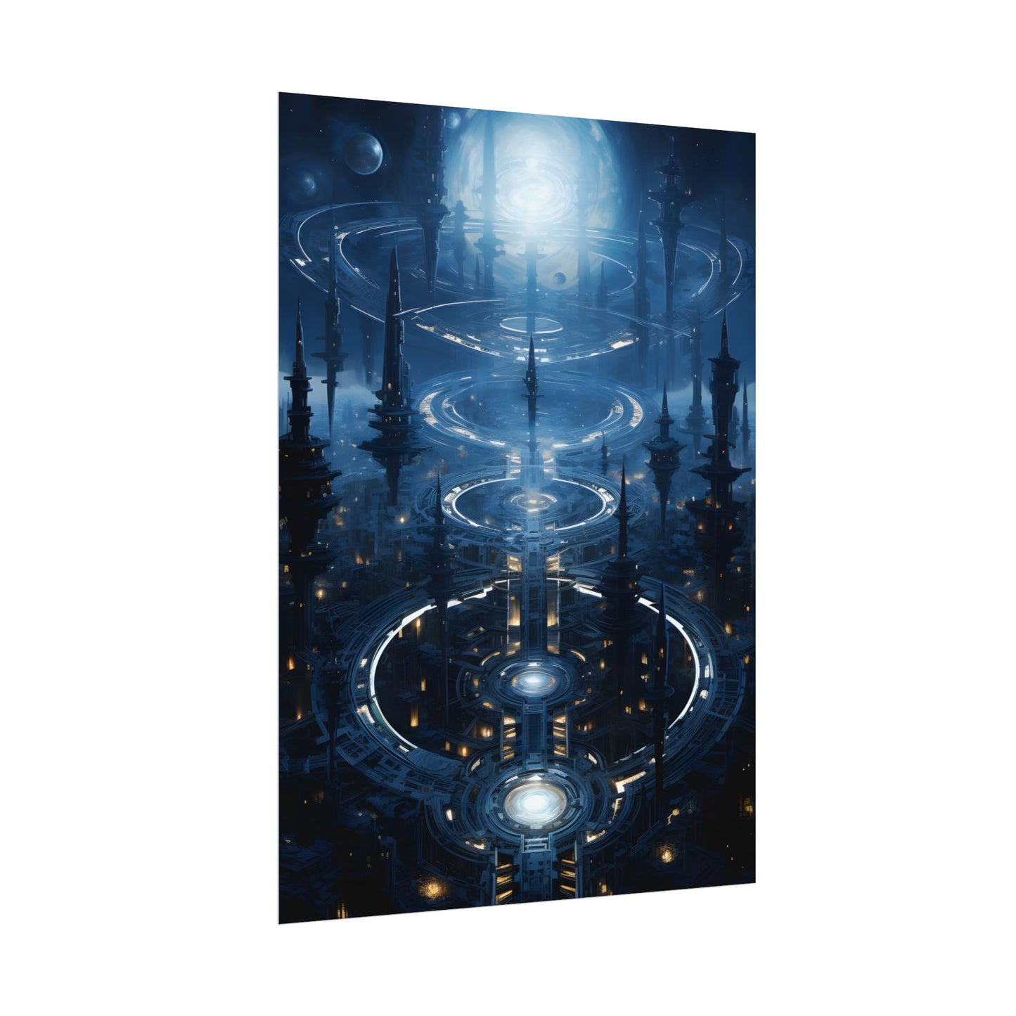 Aetherial Space Station: Galactic Hub in Vibrant Blue Nebula - Poster
