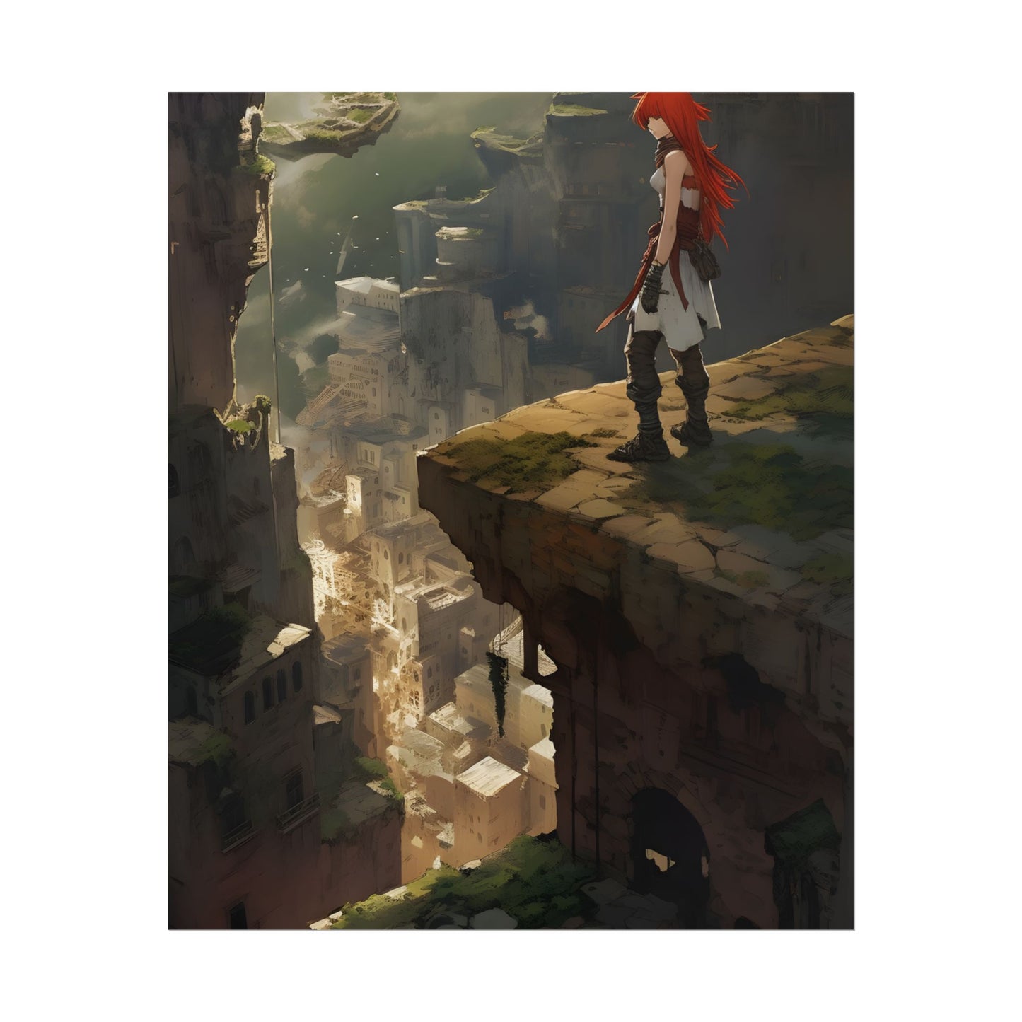 Anime Birds Eye View: Red Haired Female in Action Fantasy Scene - Poster