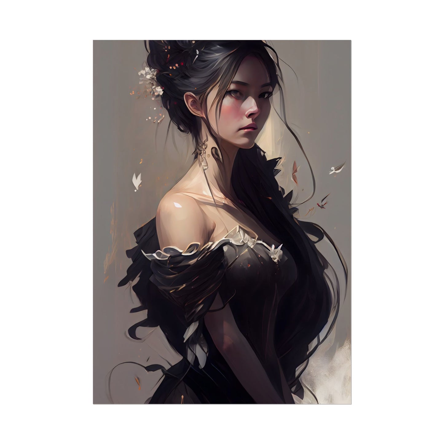 Elegant Black Hair Portrait: Beautiful Female in Dress Art - Poster